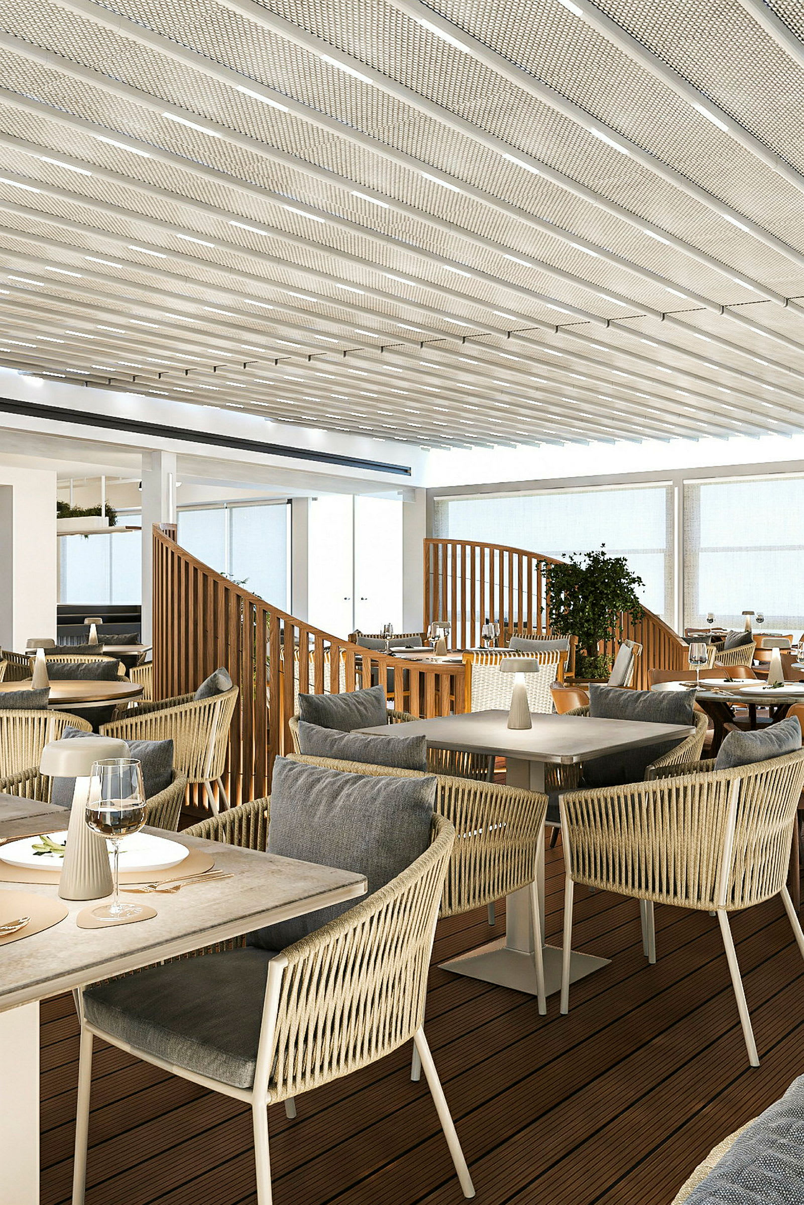 Modern restaurang med stilfull inredning och ljus atmosfär. (AI-genererad text)