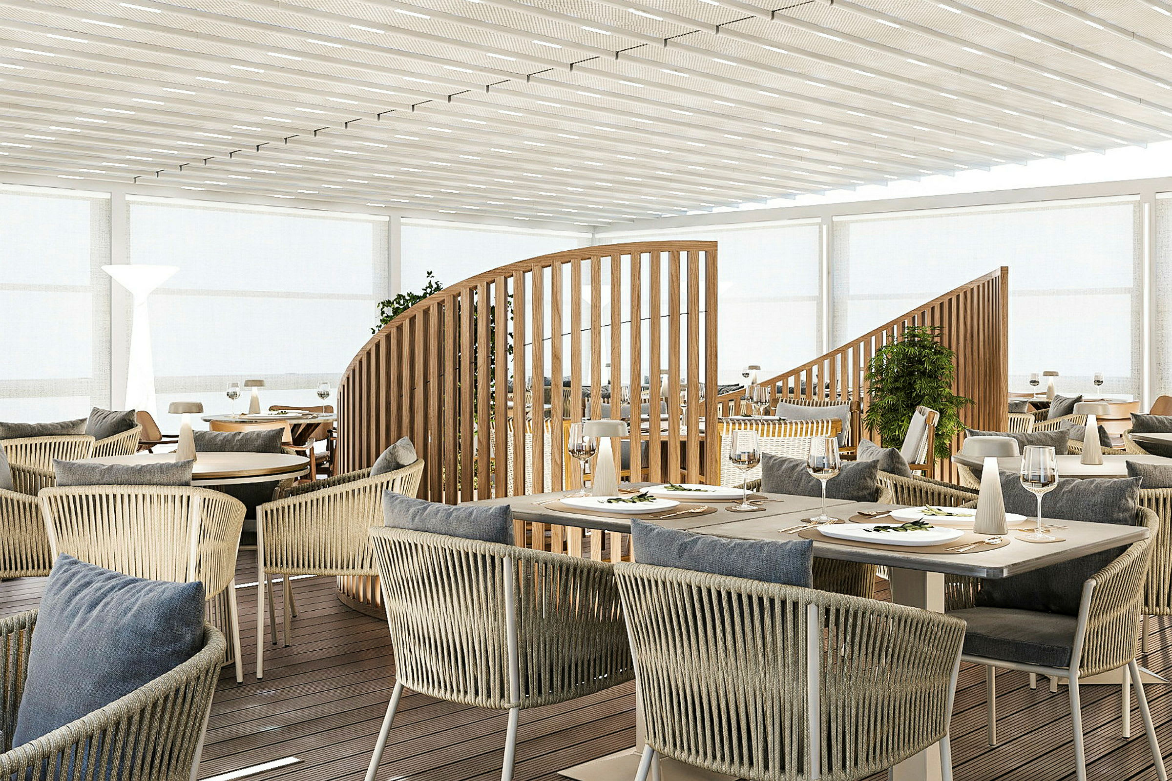 En modern restaurang med trä- och rottingmöbler och dukade bord. (AI-genererad text)