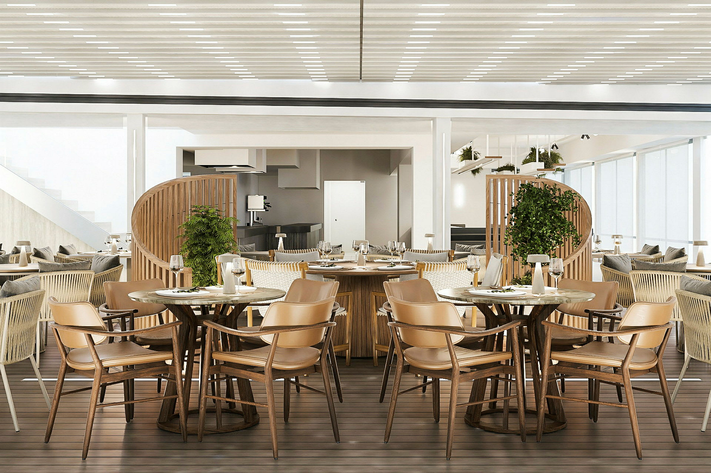 Restaurang med bord och stolar i moderna material. (AI-genererad text)