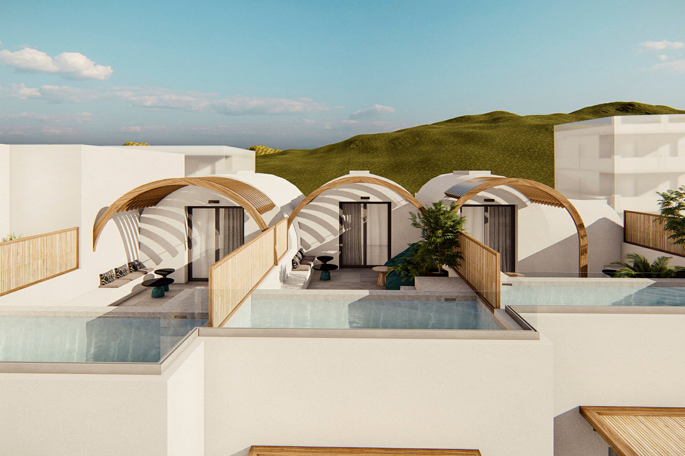 Flera vita bungalower med kupolformade tak i trä, små förgårdar med pooler och trämöbler. (AI-genererad text)