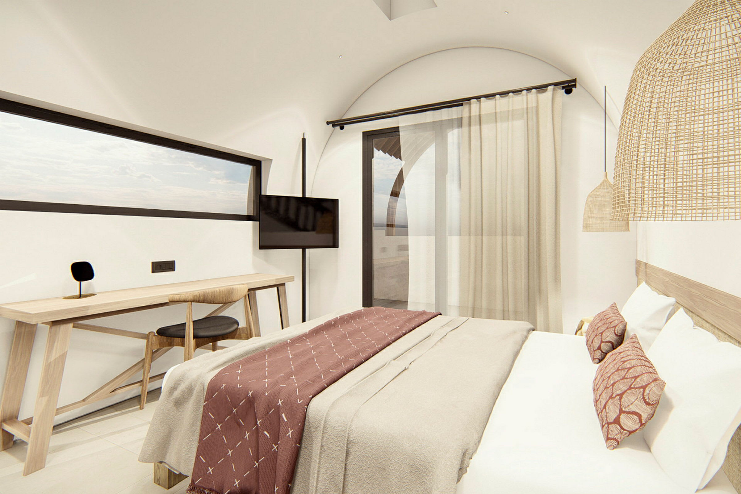 Modernt hotellrum med säng, skrivbord och fönster. (AI-genererad text)
