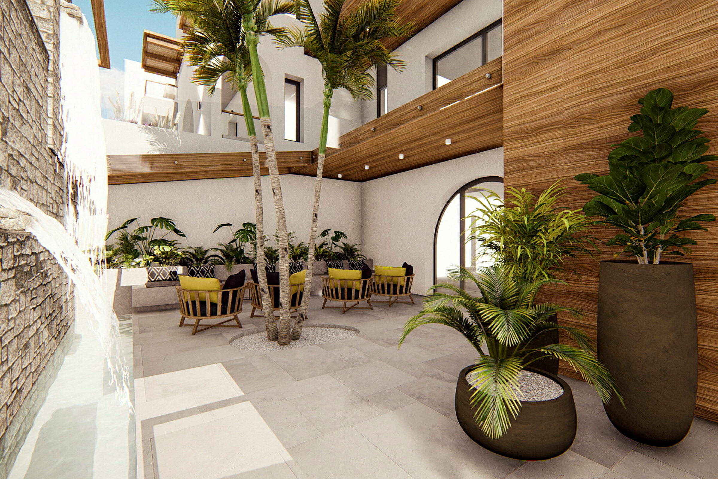 Modernt atrium med palmer, sittmöbler och vattenfall. (AI-genererad text)