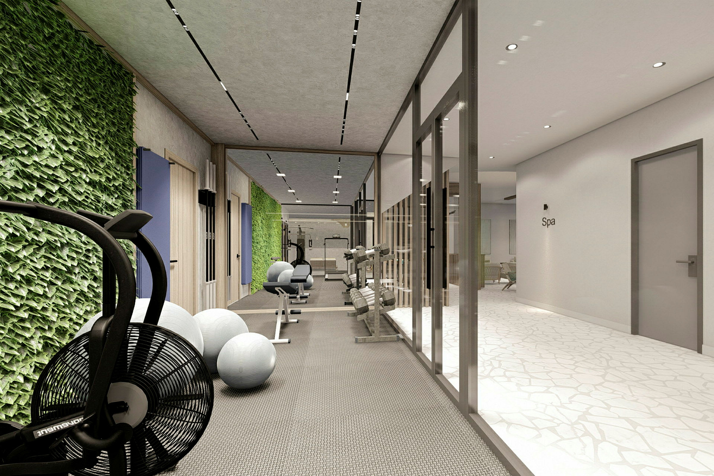 Ett gym med träningsutrustning och gröna väggar. (AI-genererad text)