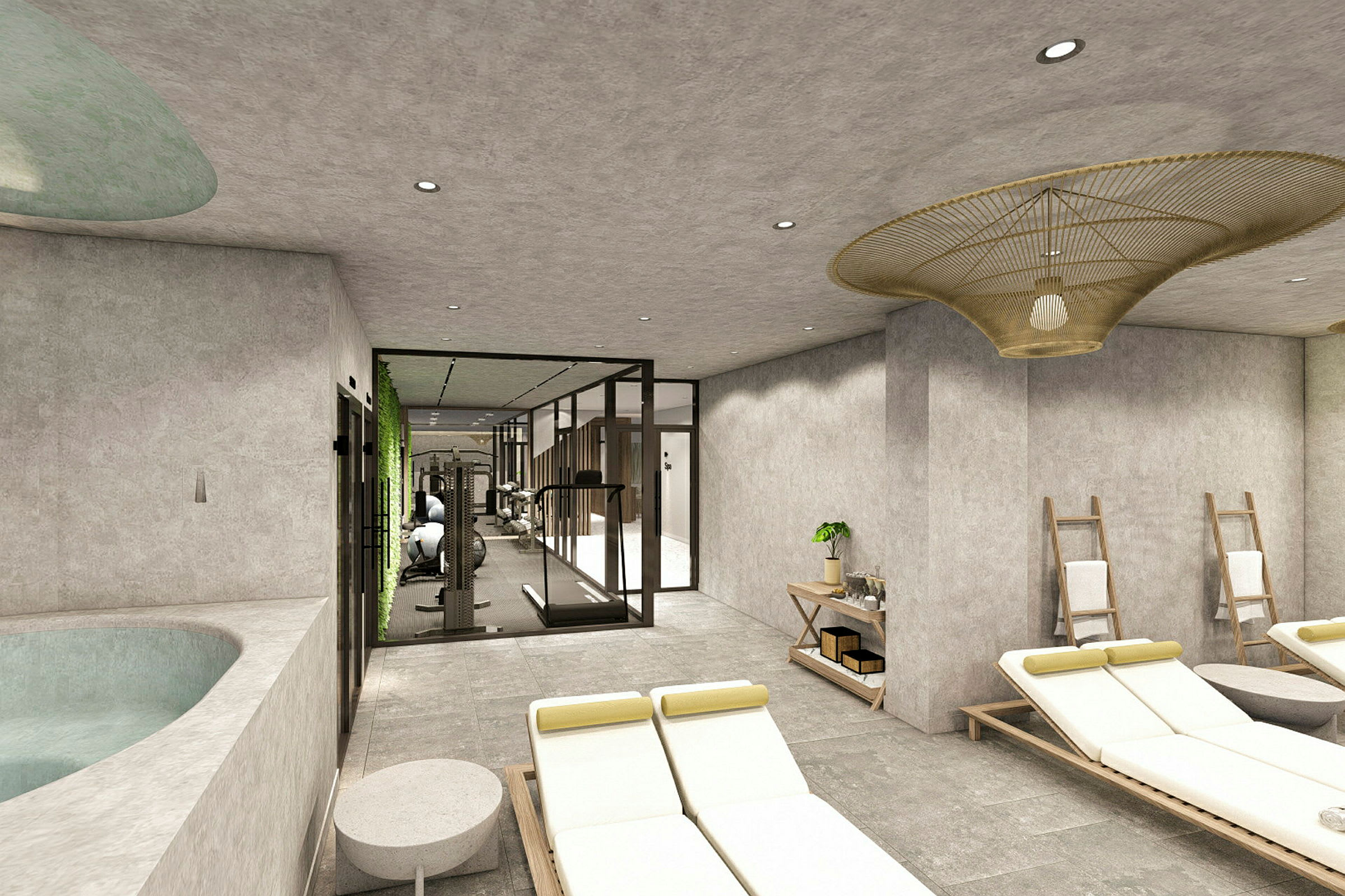Ett modernt spa med vilstolar, jacuzzi och träningsutrustning. (AI-genererad text)