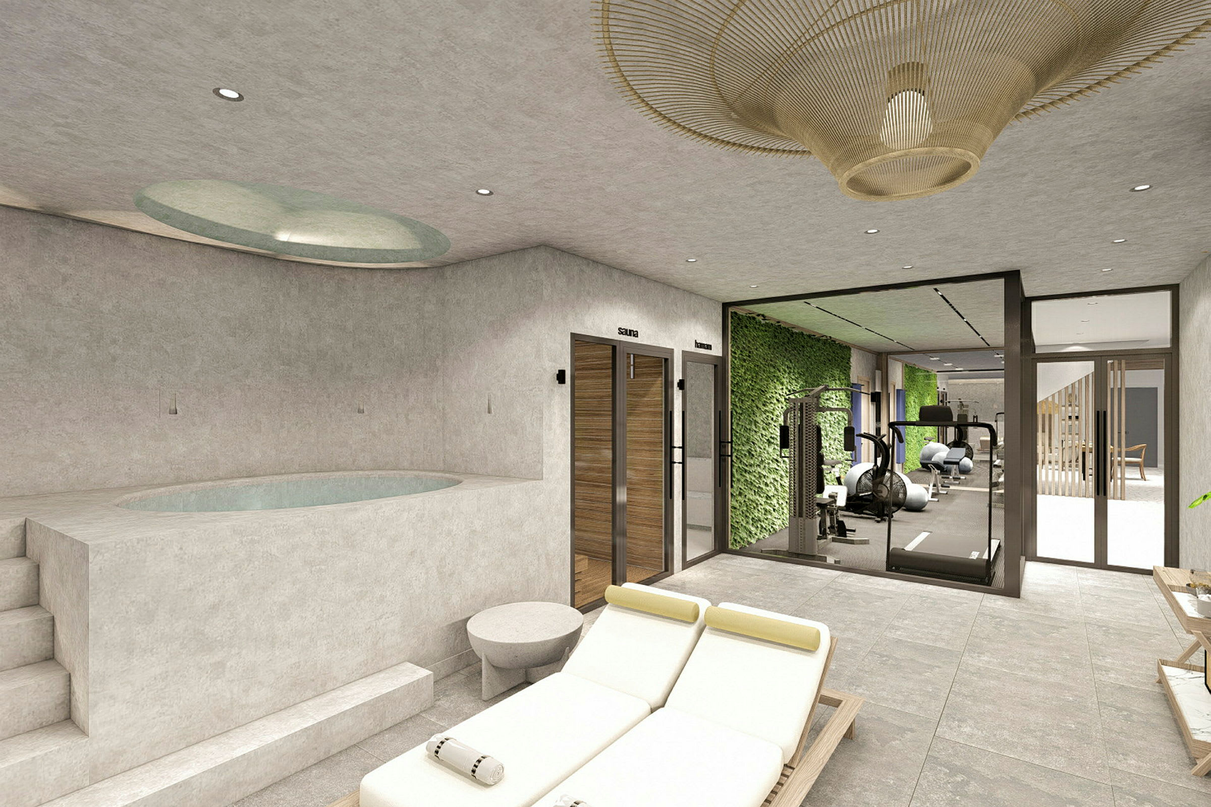 En wellness-avdelning med jacuzzi, bastu och gymutrustning. (AI-genererad text)