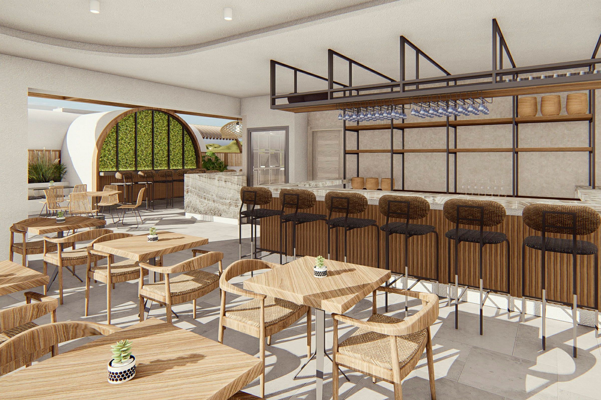 Interiör av en modern restaurang med träbord och stolar samt en bardisk. (AI-genererad text)