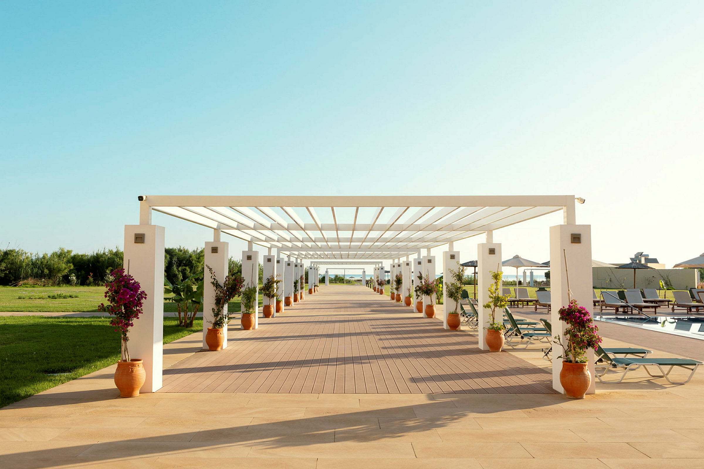 Öppen träpergola kantad av blomkrukor och solstolar vid en pool. (AI-genererad text)
