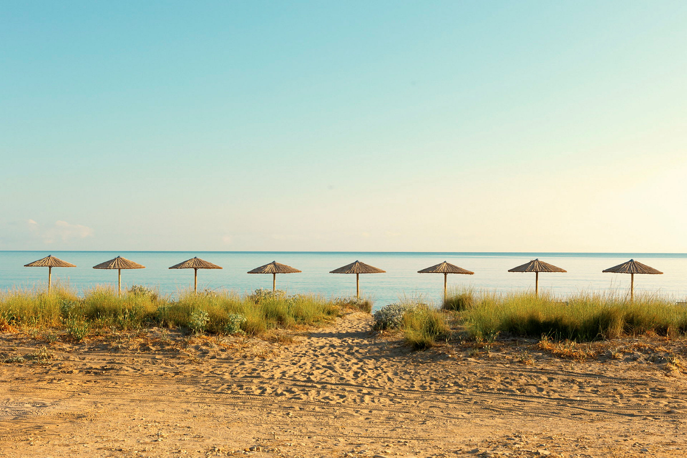 Strand med sju solparasoll i rad och hav i bakgrunden. (AI-genererad text)