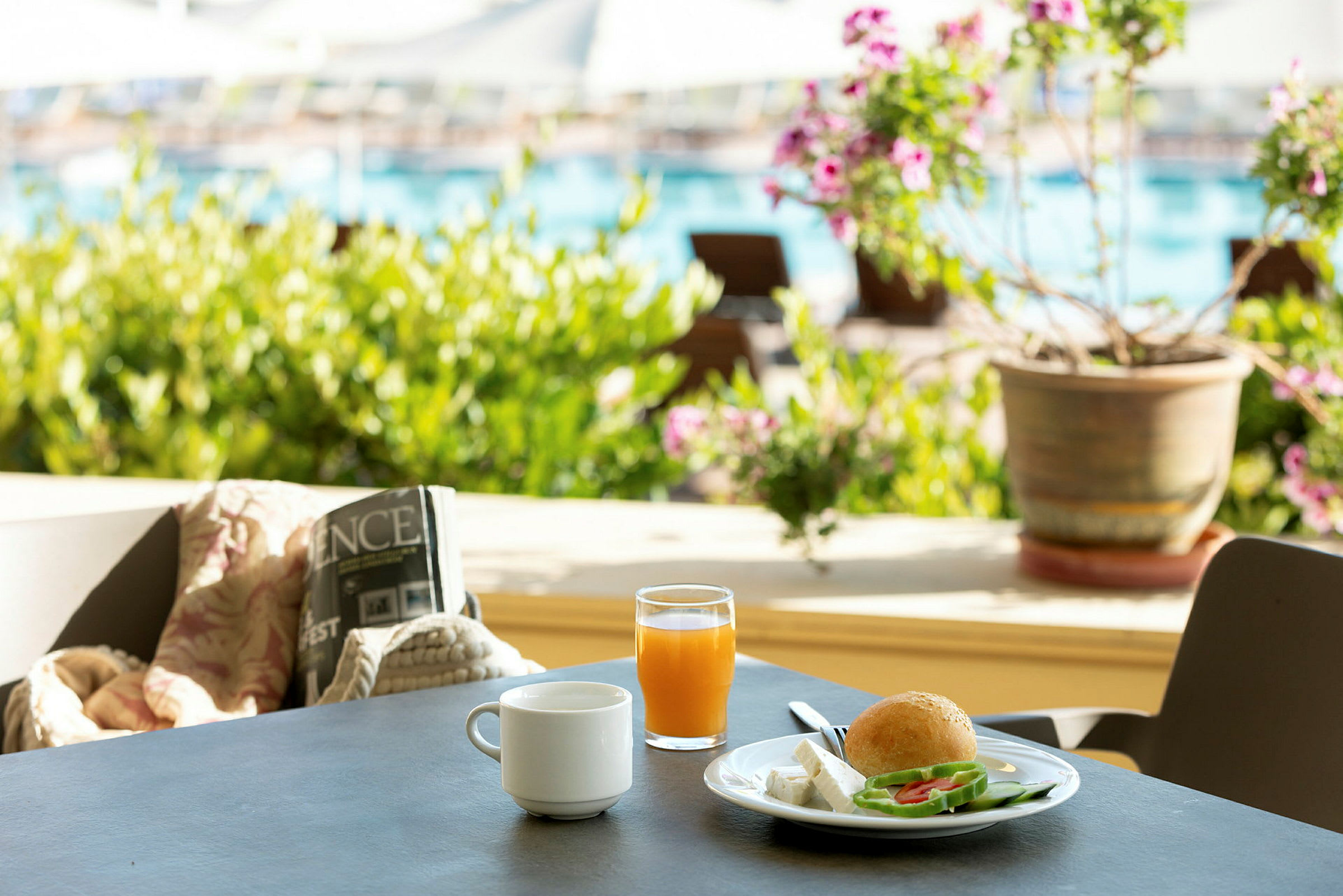 Frukostbord med kaffe, juice och tallrik med ost, grönsaker och bröd, samt bakgrund med grönska och en pool. (AI-genererad text)