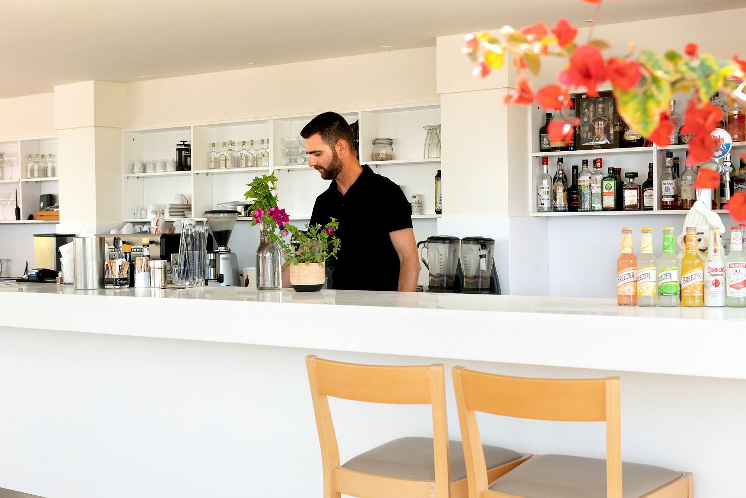 En modern bar med hyllor fyllda med flaskor och muggar samt en vit bardisk med blomsterdekoration. (AI-genererad text)
