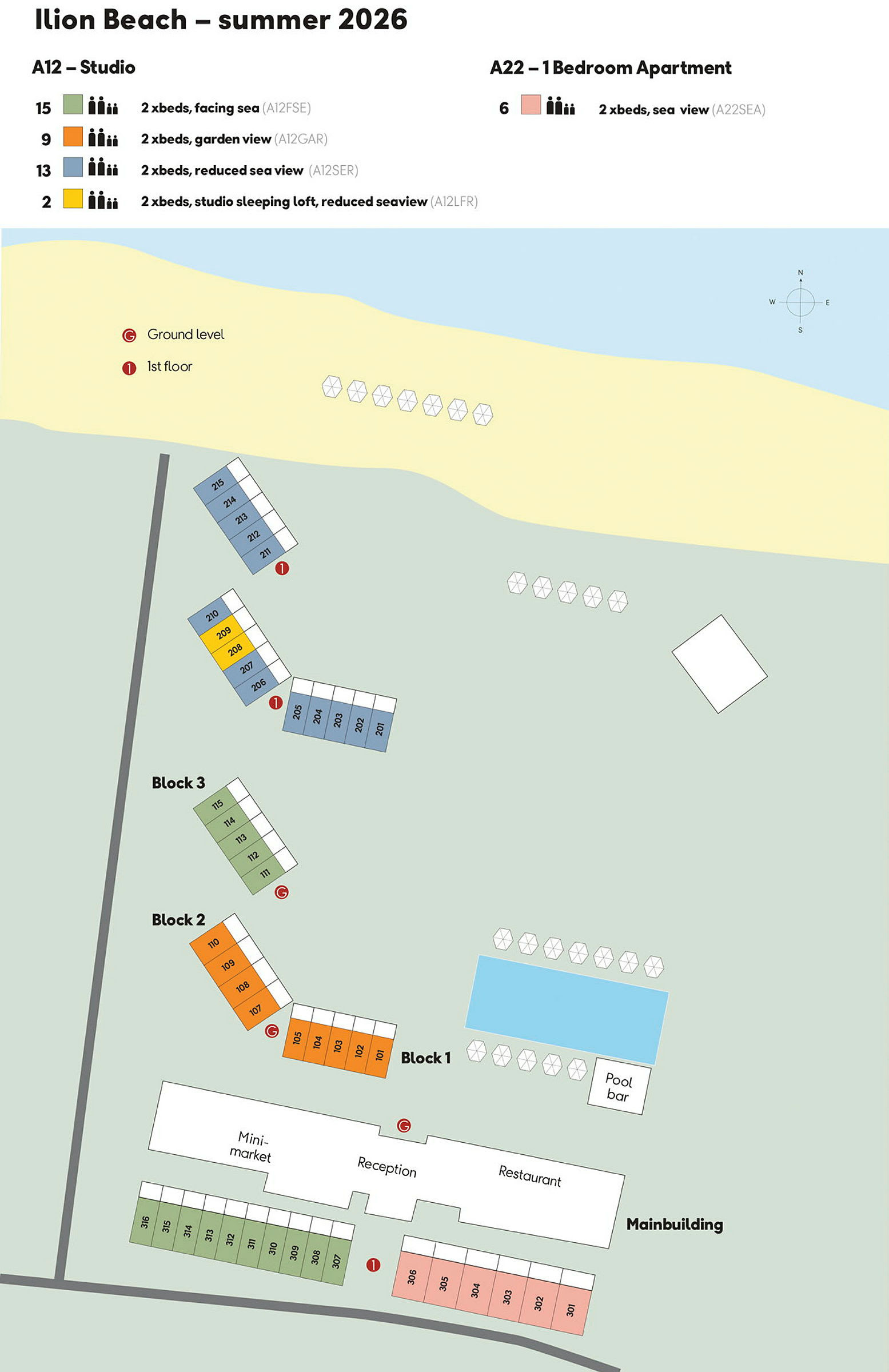 Illustrerad karta över semesteranläggningen Ilion Beach med byggnader och platser markerade. (AI-genererad text)