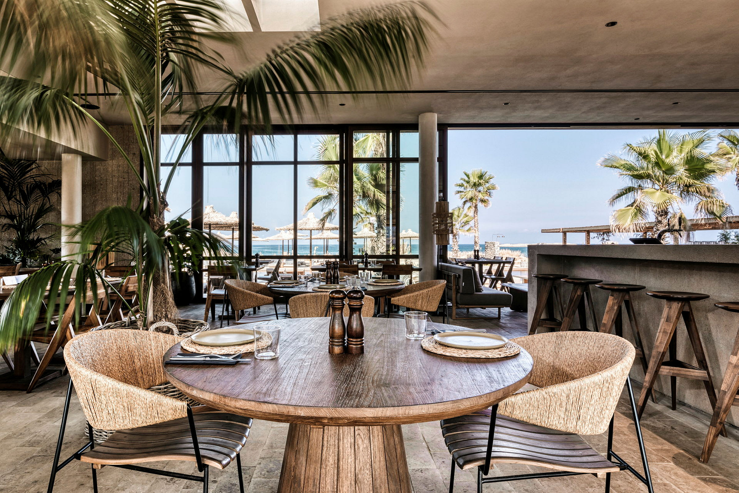 Restaurang med träbord och stolar, omgiven av palmträd och havet i bakgrunden. (AI-genererad text)