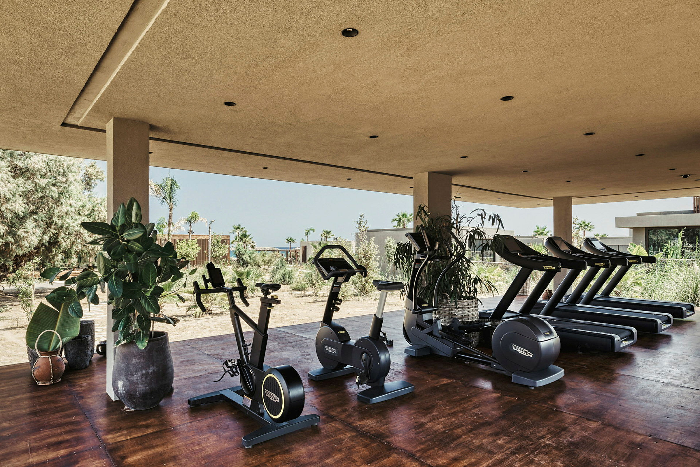 Bild av ett gym med träningsmaskiner och omgivande grönska. (AI-genererad text)
