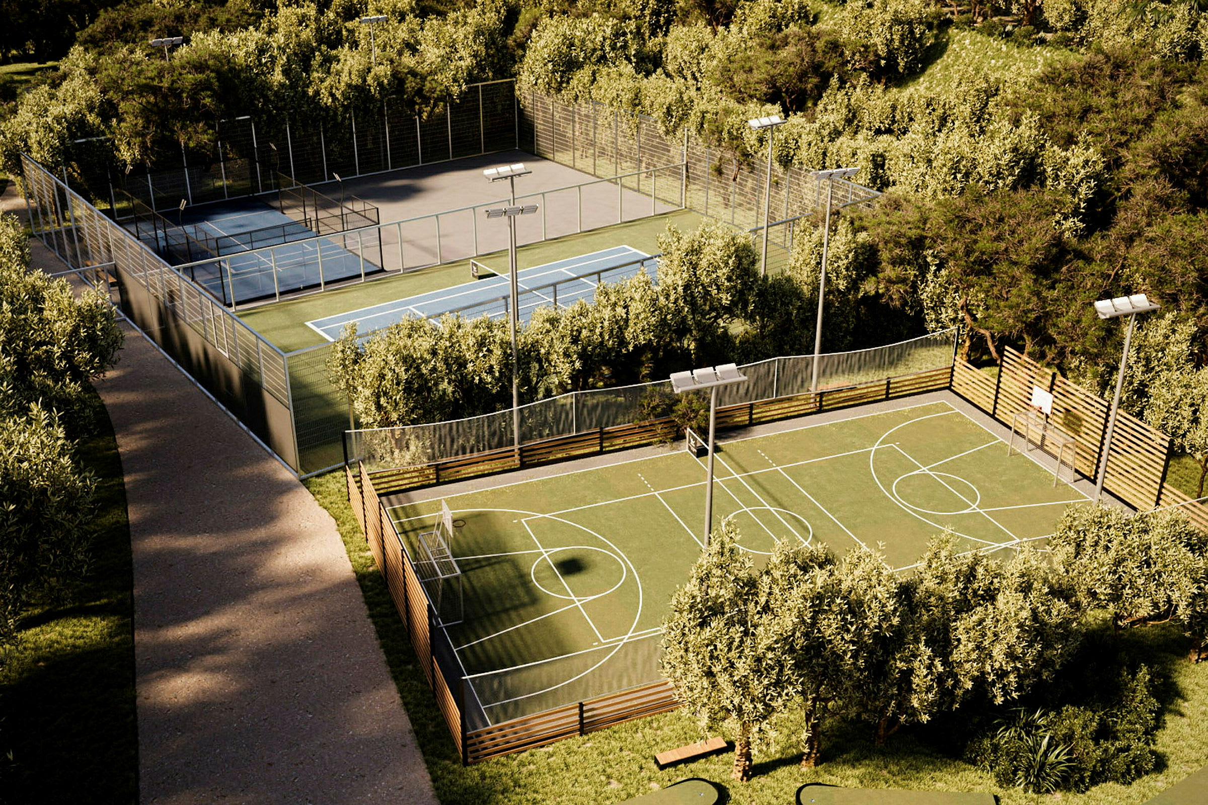 Bilden visar flera sportområden med olika spelplaner omgivna av grönska. (AI-genererad text)