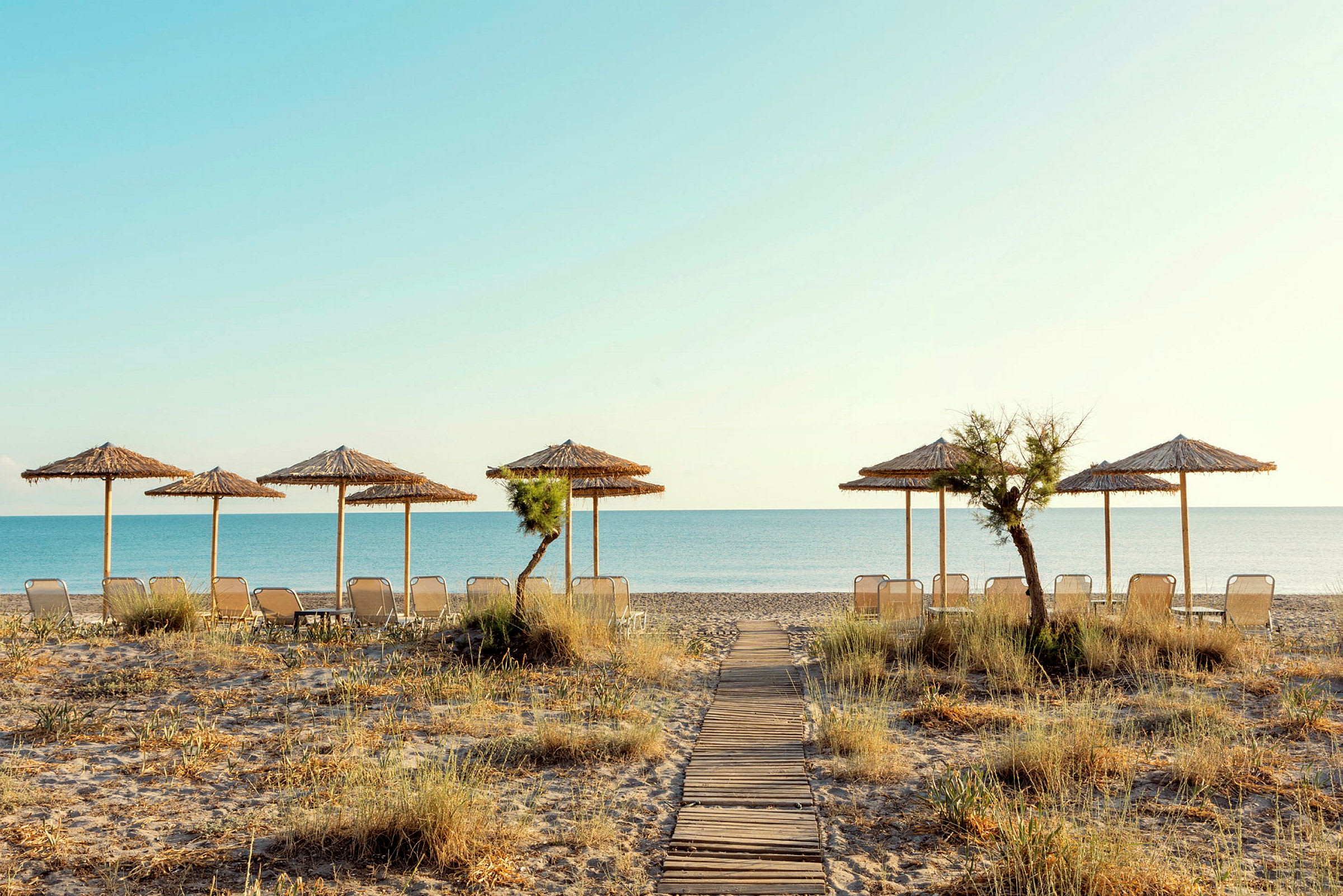 Strand med solstolar och parasoller framför havet. (AI-genererad text)