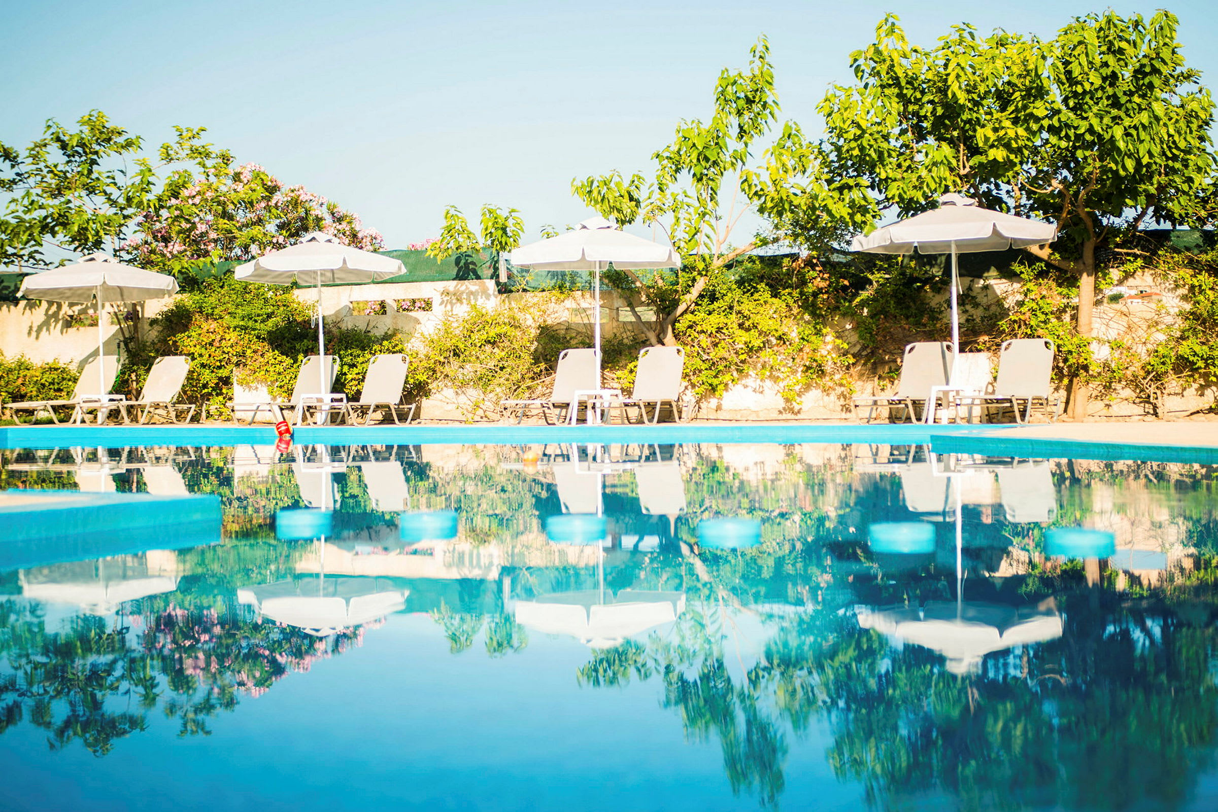 En pool med solsängar och parasoller i bakgrunden, omgiven av grönska och blå himmel. (AI-genererad text)