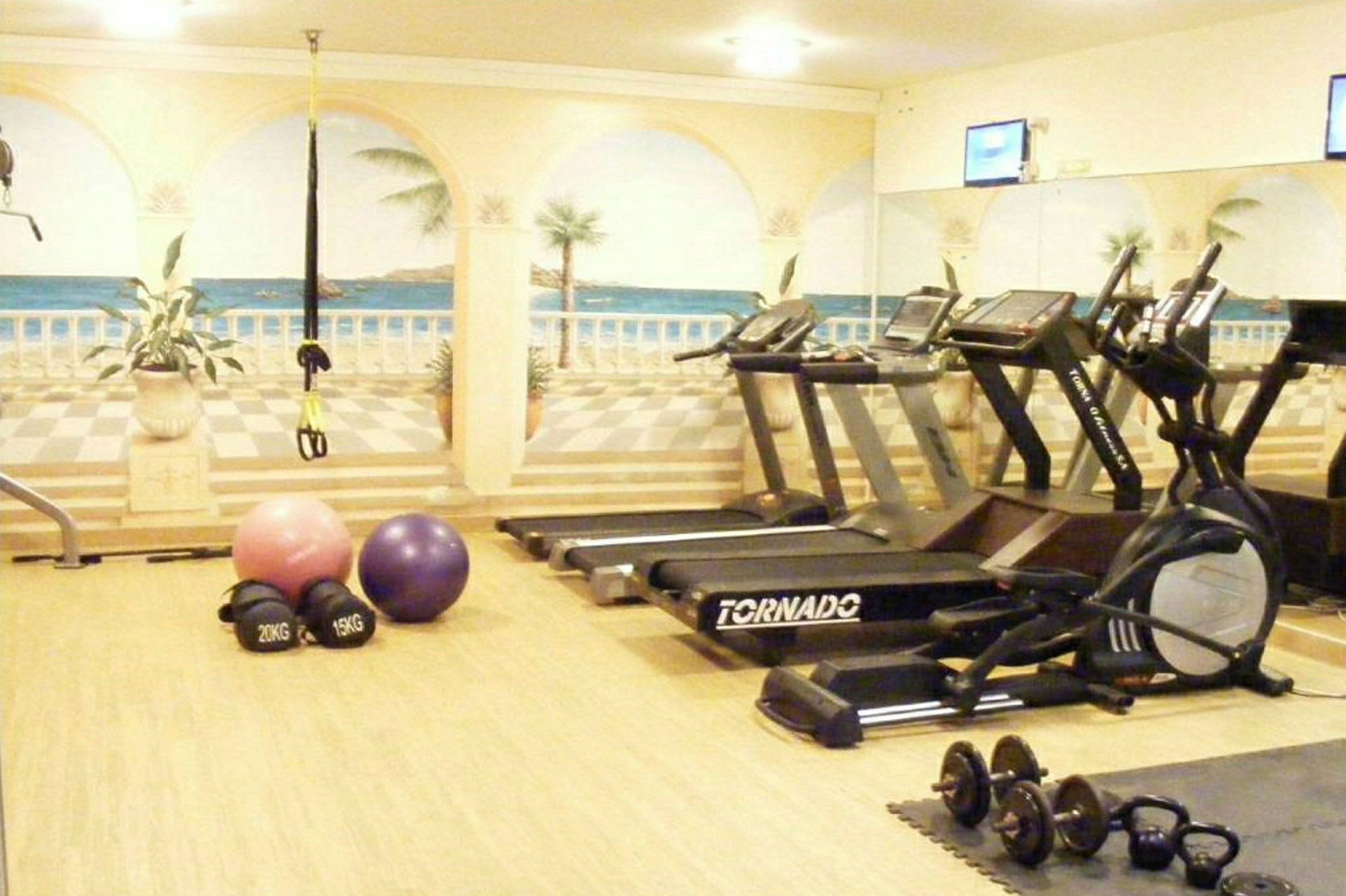 Gym med träningsutrustning och väggmålningar som föreställer havet. (AI-genererad text)