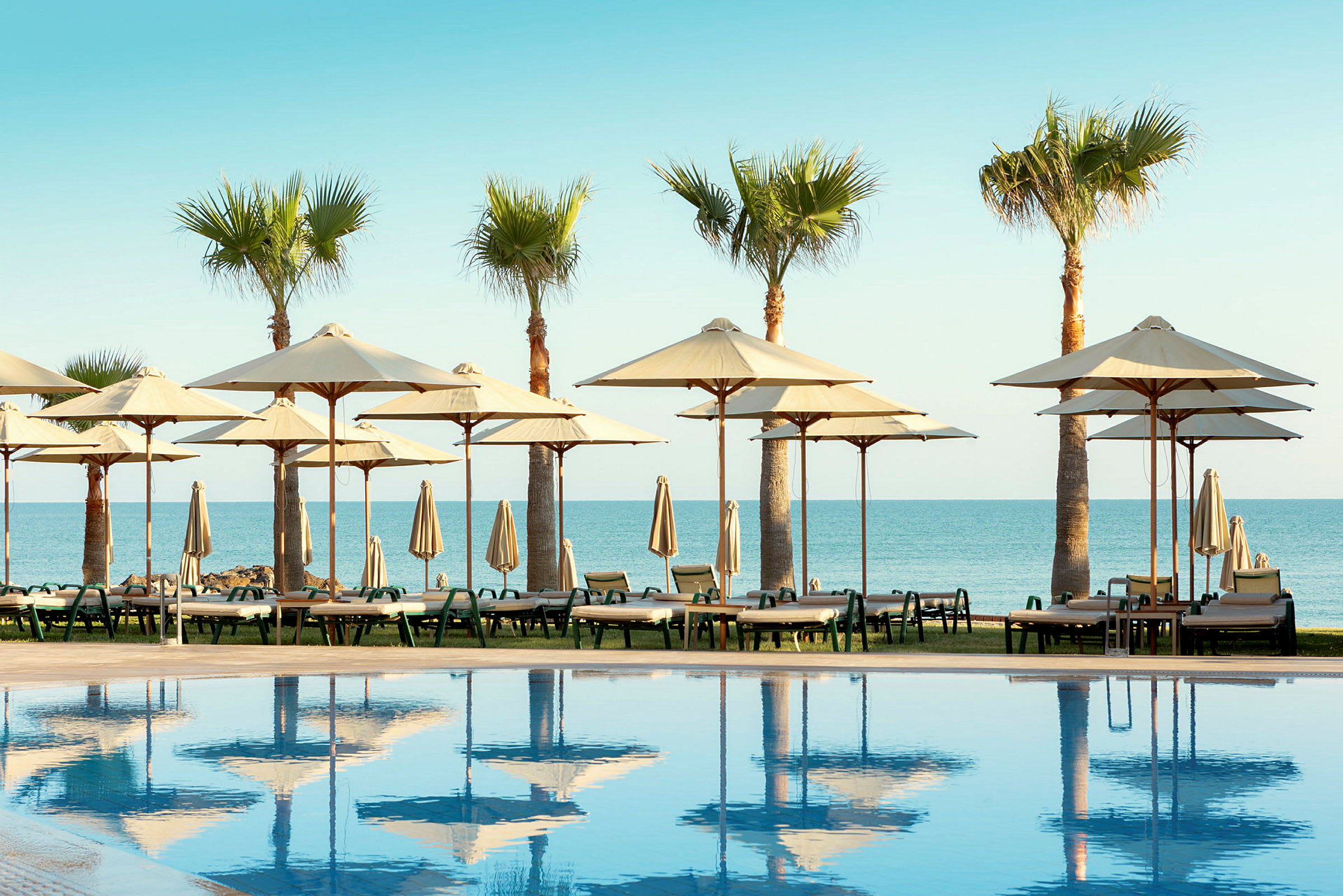 Solstolar och parasoller vid en pool med utsikt mot havet. Palme och blå himmel syns i bakgrunden. (AI-genererad text)