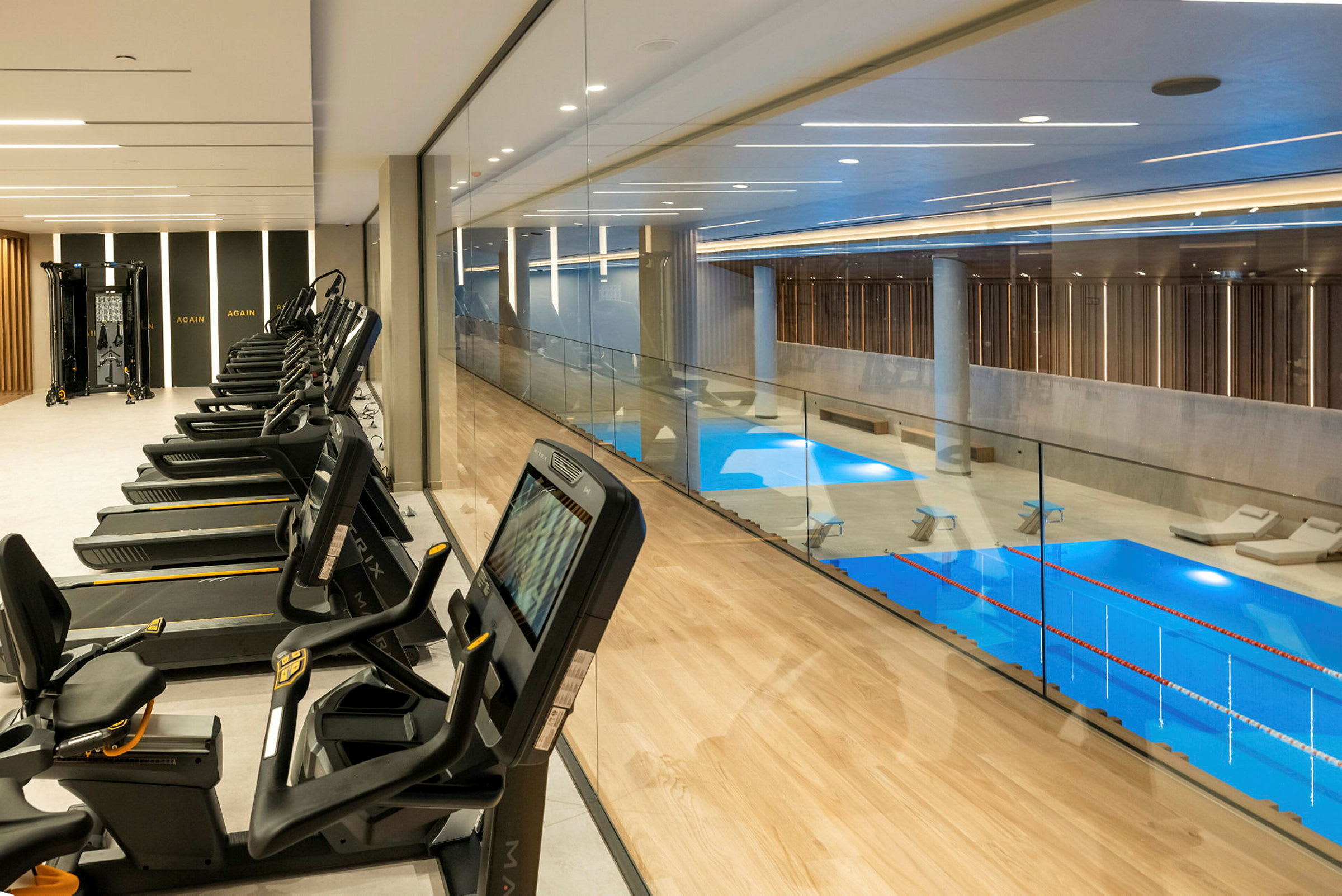 Bild av ett modernt gym med träningsmaskiner, bredvid en turkosskimrande inomhuspool. (AI-genererad text)