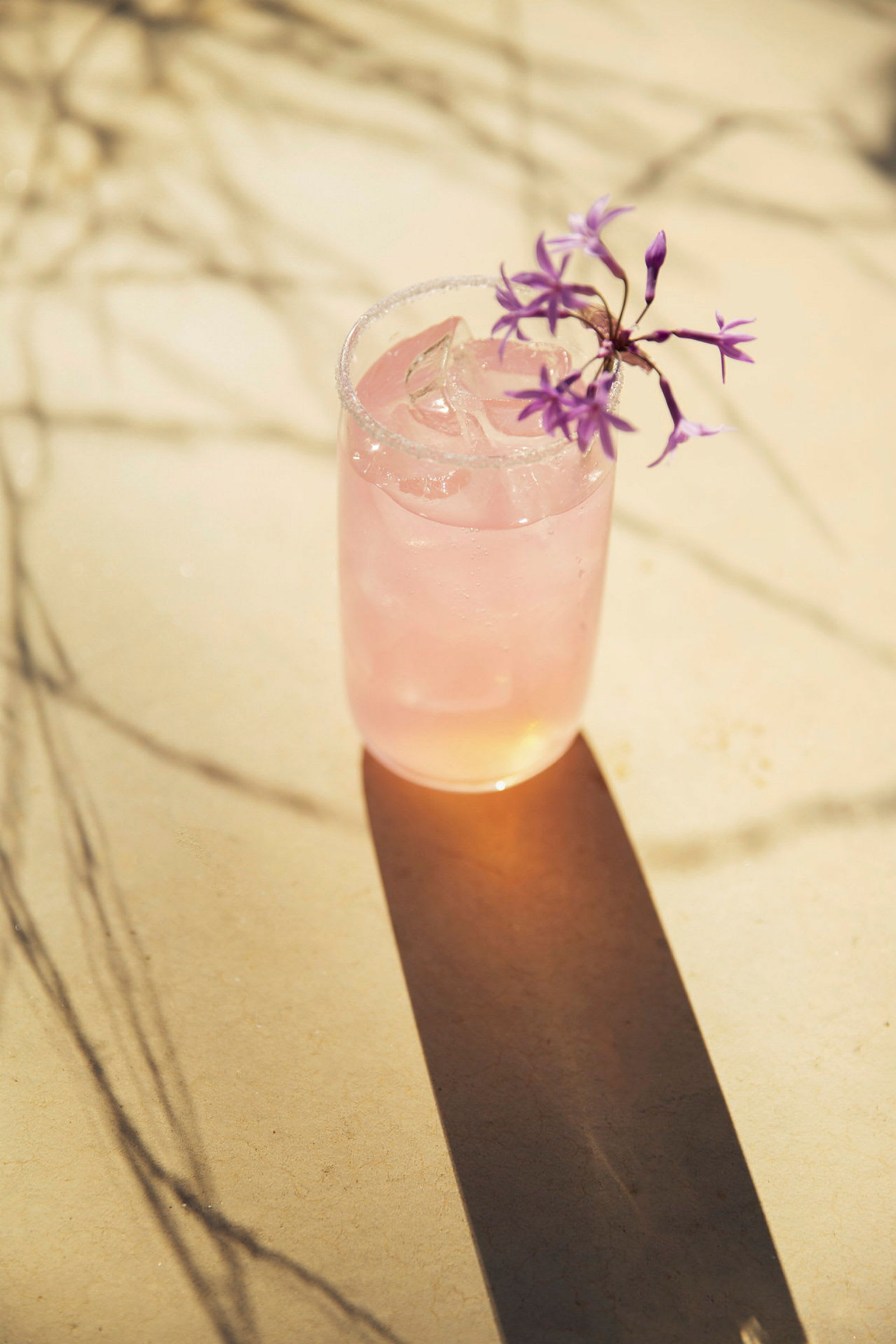 Ett glas med en rosa dryck och is, dekorerat med lila blommor. (AI-genererad text)
