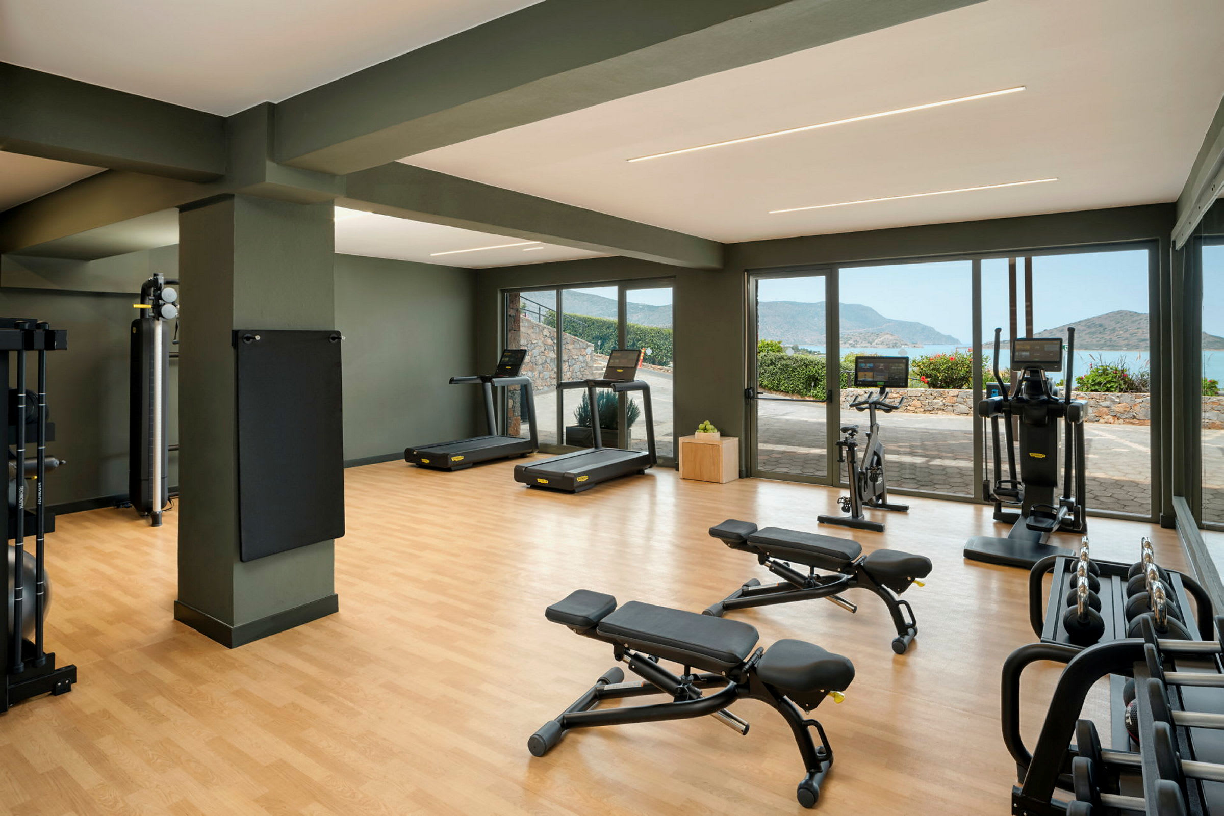 Ett gym med träningsutrustning och stora fönster som visar en utomhusvy. (AI-genererad text)