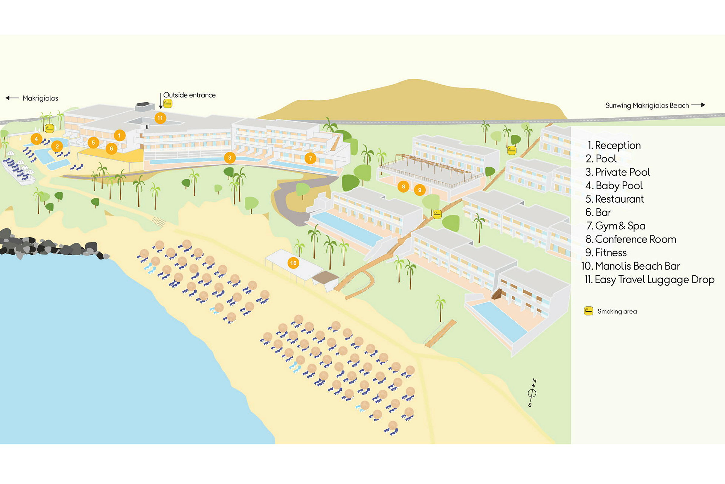Illustration av resort med byggnader, pooler och strand med solstolar. (AI-genererad text)