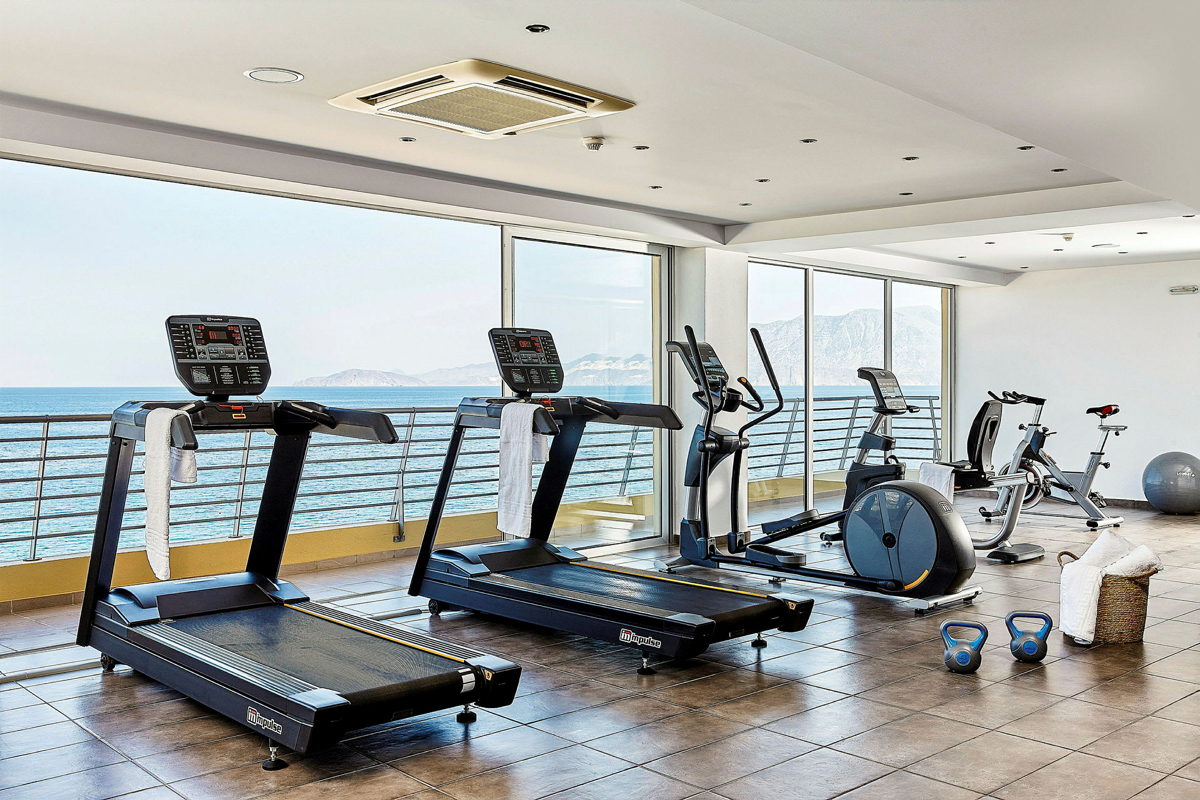 Ett gym med löpband, träningscyklar och träningsutrustning framför stora fönster med utsikt över havet. (AI-genererad text)