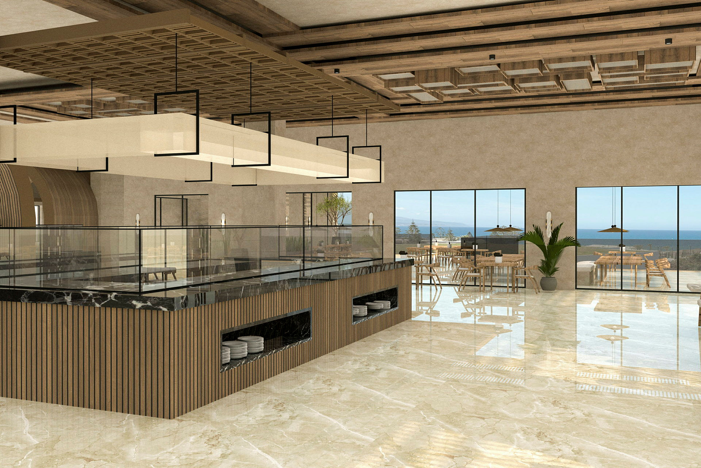 Interiör av restaurang med modern design, stora glasfönster med utsikt över havet och stilfull inredning. (AI-genererad text)