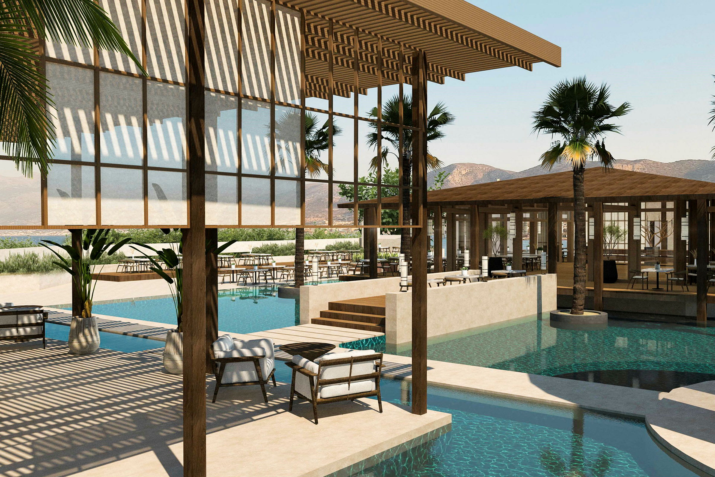 Lyxig semesterresort med utomhuspool och moderna byggnader. (AI-genererad text)