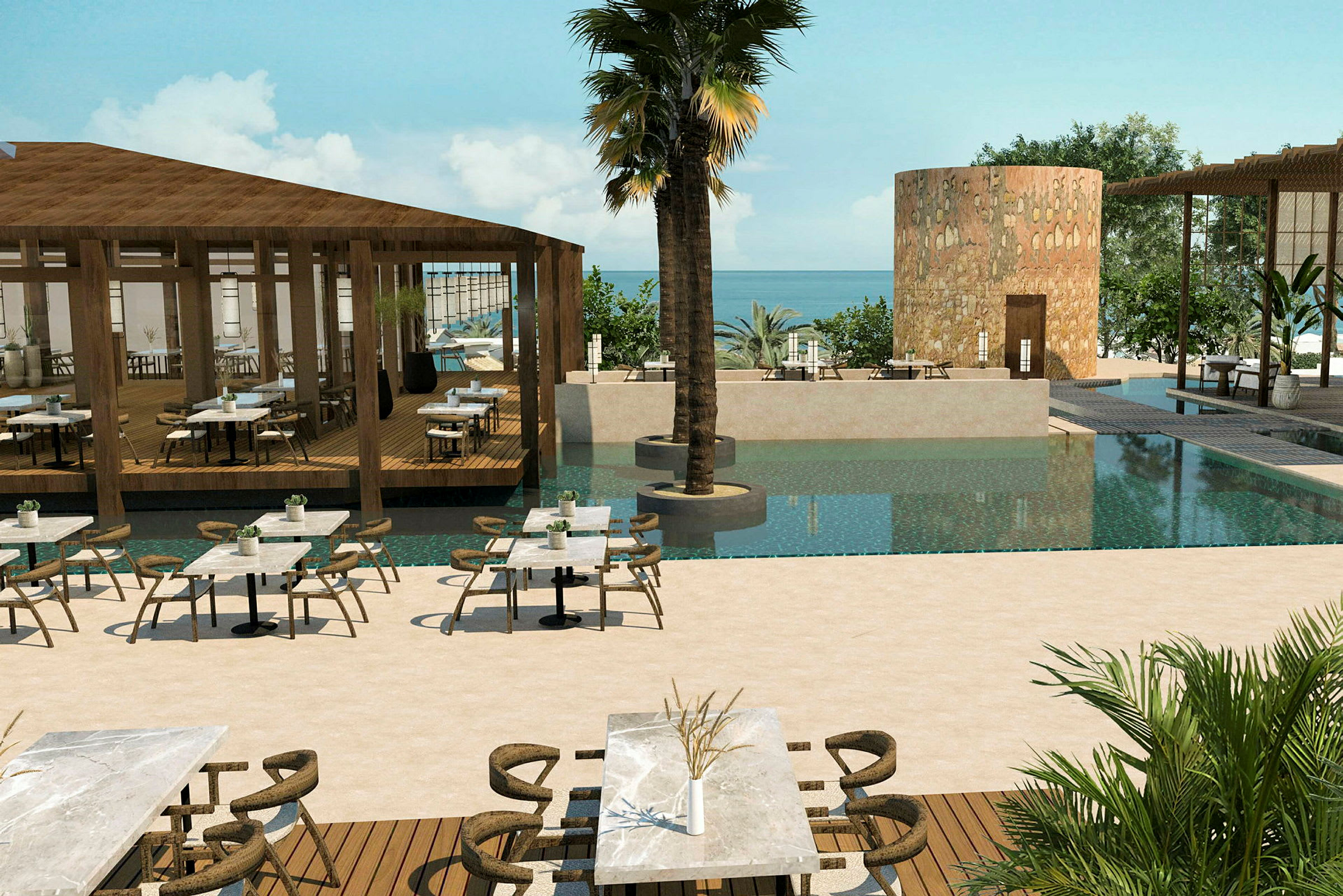 En utomhusrestaurang intill en pool, med havet i bakgrunden. (AI-genererad text)