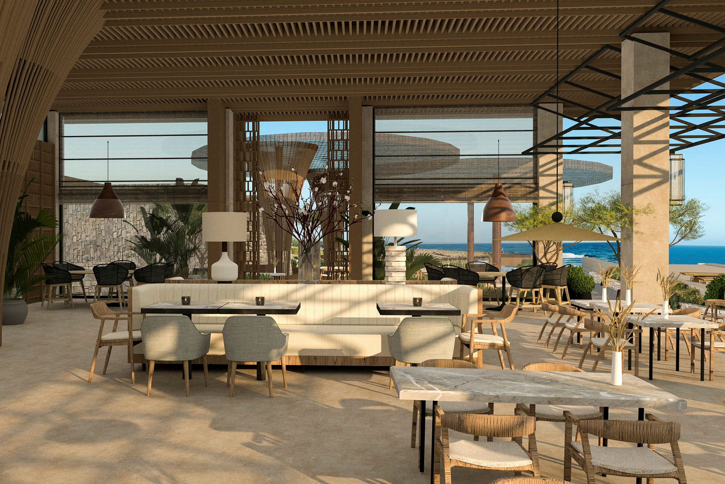 En modern och luftigt inredd restaurang med stora fönster som visar utsikt över havet. (AI-genererad text)