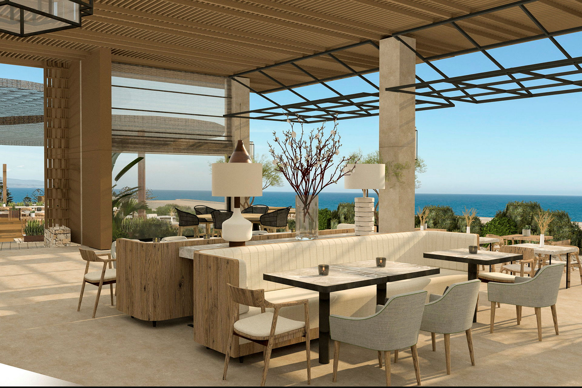 En öppet designad restaurang med modern inredning och möbler, samt utsikt över havet. (AI-genererad text)