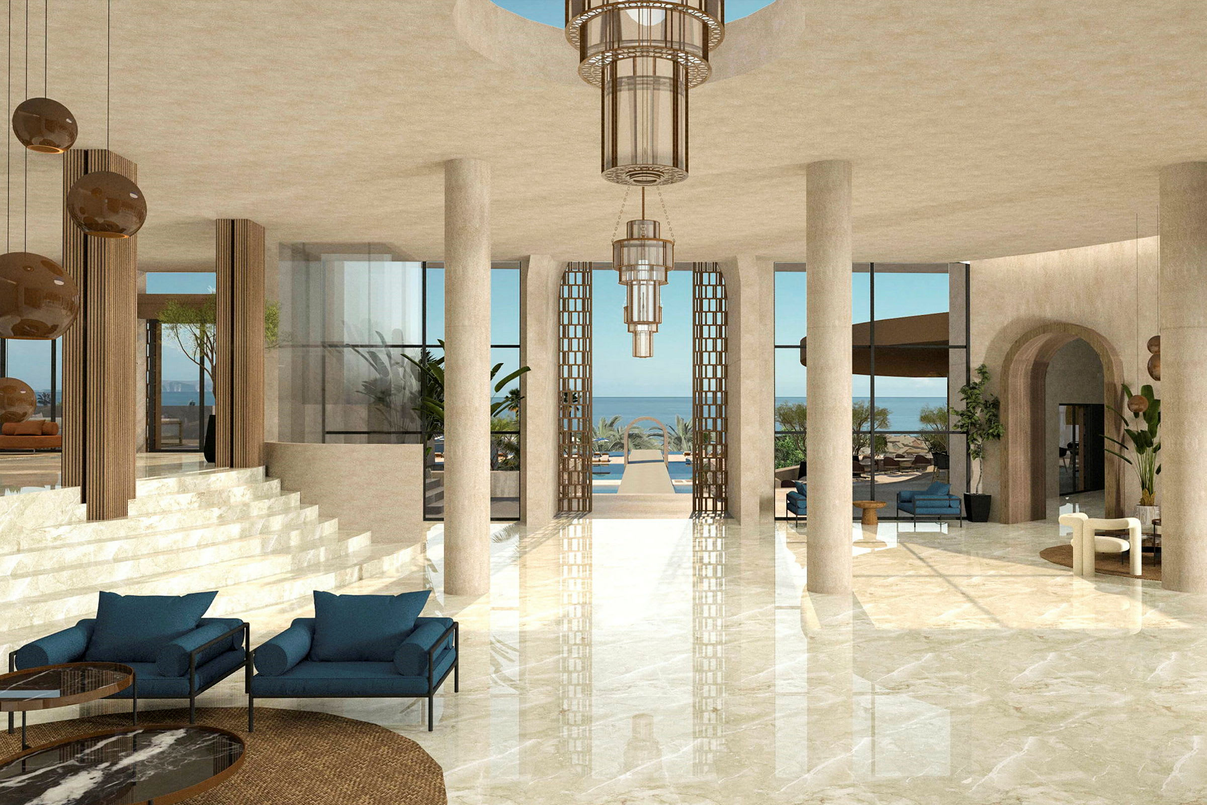 En elegant hotellobby med marmorbelagt golv, bekväma sittplatser och en utsikt mot havet genom stora fönster. (AI-genererad text)