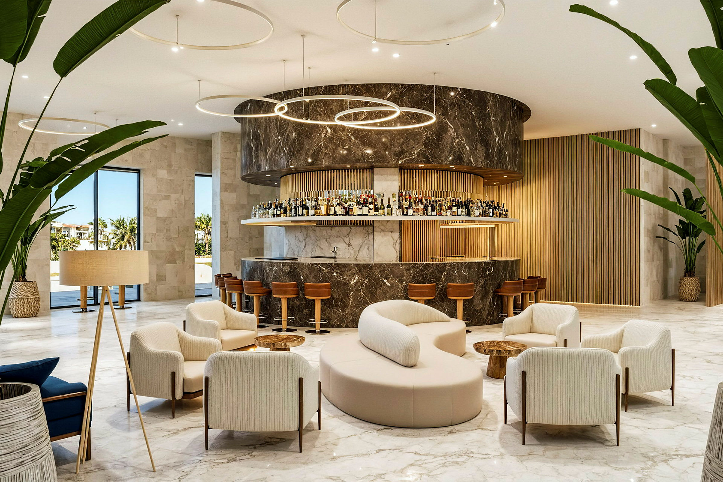 Ett elegant hotellloungeområde med moderna möbler och en välfylld bar. (AI-genererad text)