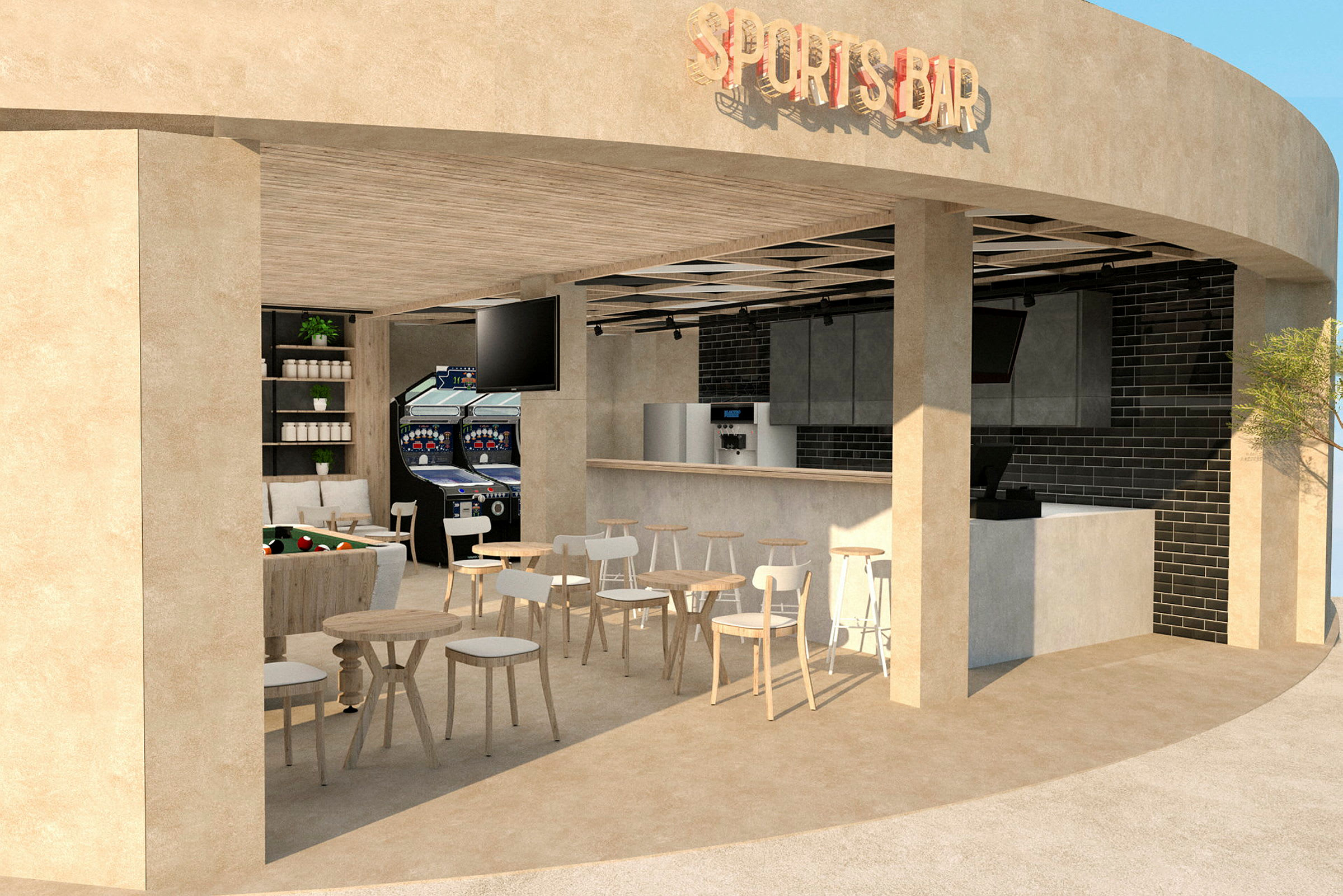 En sportbar med sittplatser, biljardbord och arkadspel. (AI-genererad text)