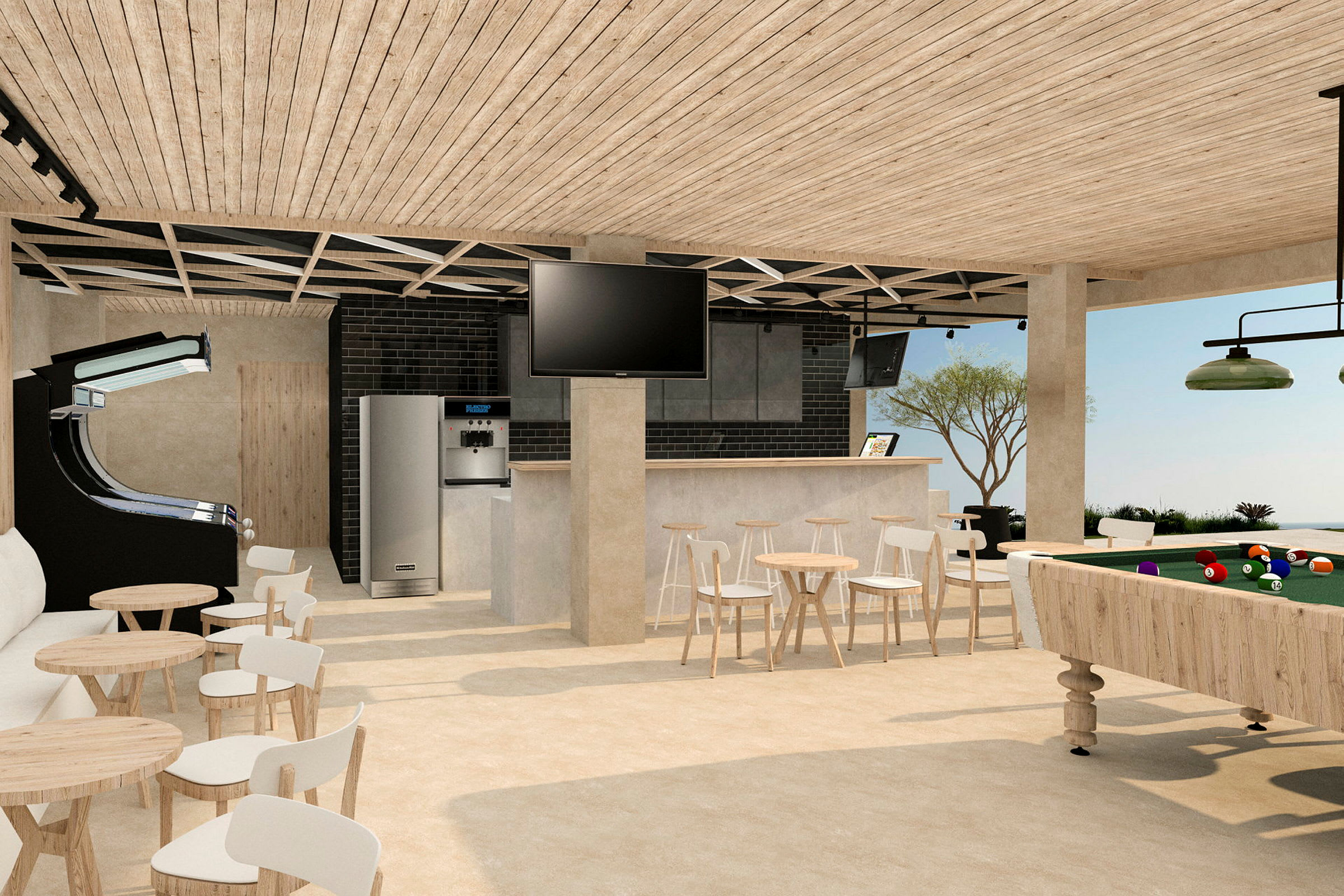 Ett rum med biljardbord, arkadspel, bord och stolar samt en bar med TV och frys i en öppen och modern design. (AI-genererad text)