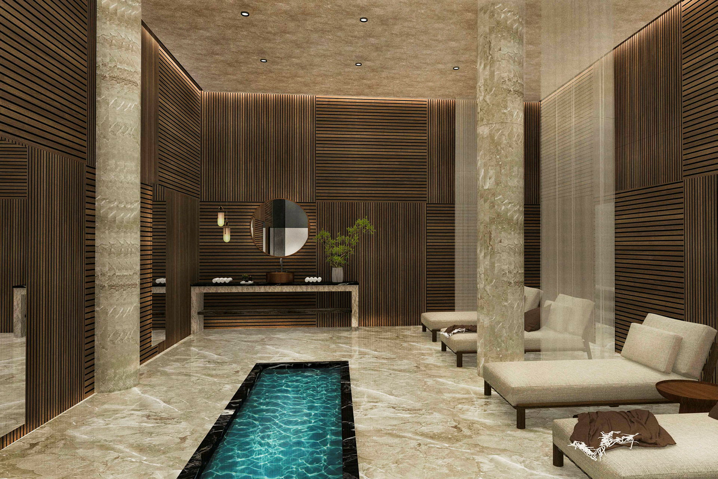 Ett elegant spa-rum med marmorgolv, loungemöbler och en lång smal inomhuspool. (AI-genererad text)