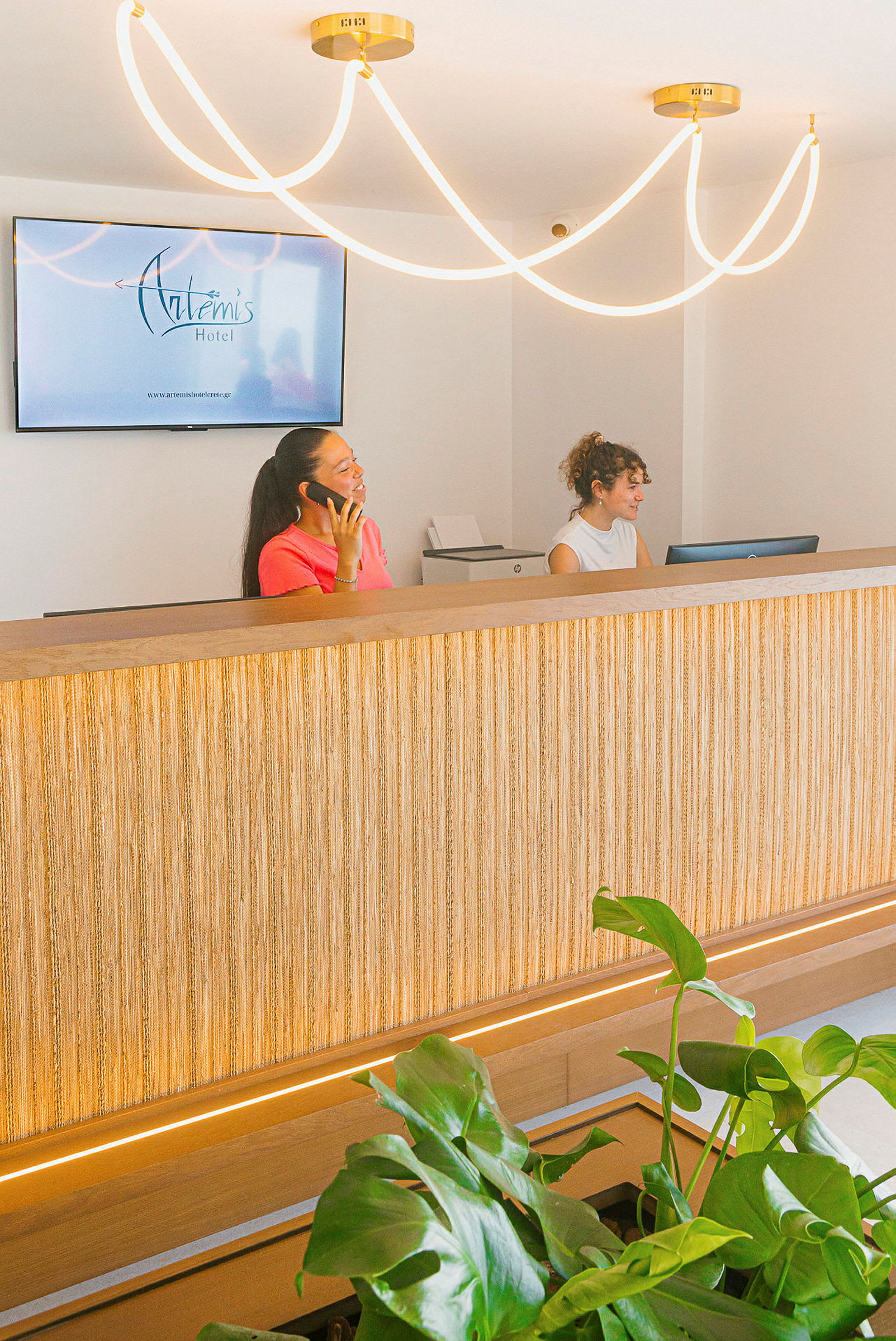 Reception med en träpanel och en grön växt i förgrunden. (AI-genererad text)