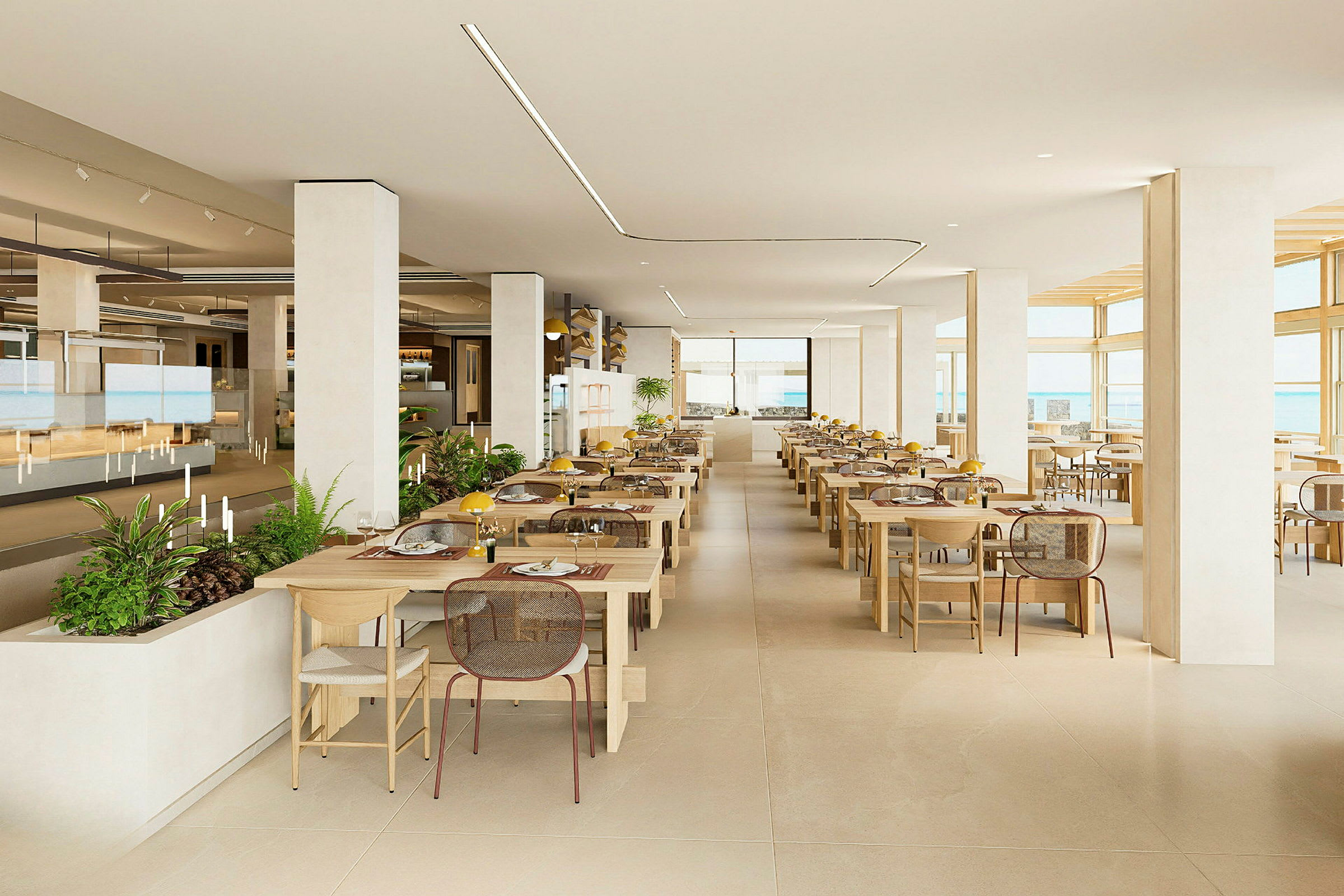 Bild av en modern och ljus restaurang med träbord, bekväma stolar och dekorationer med gröna växter. (AI-genererad text)