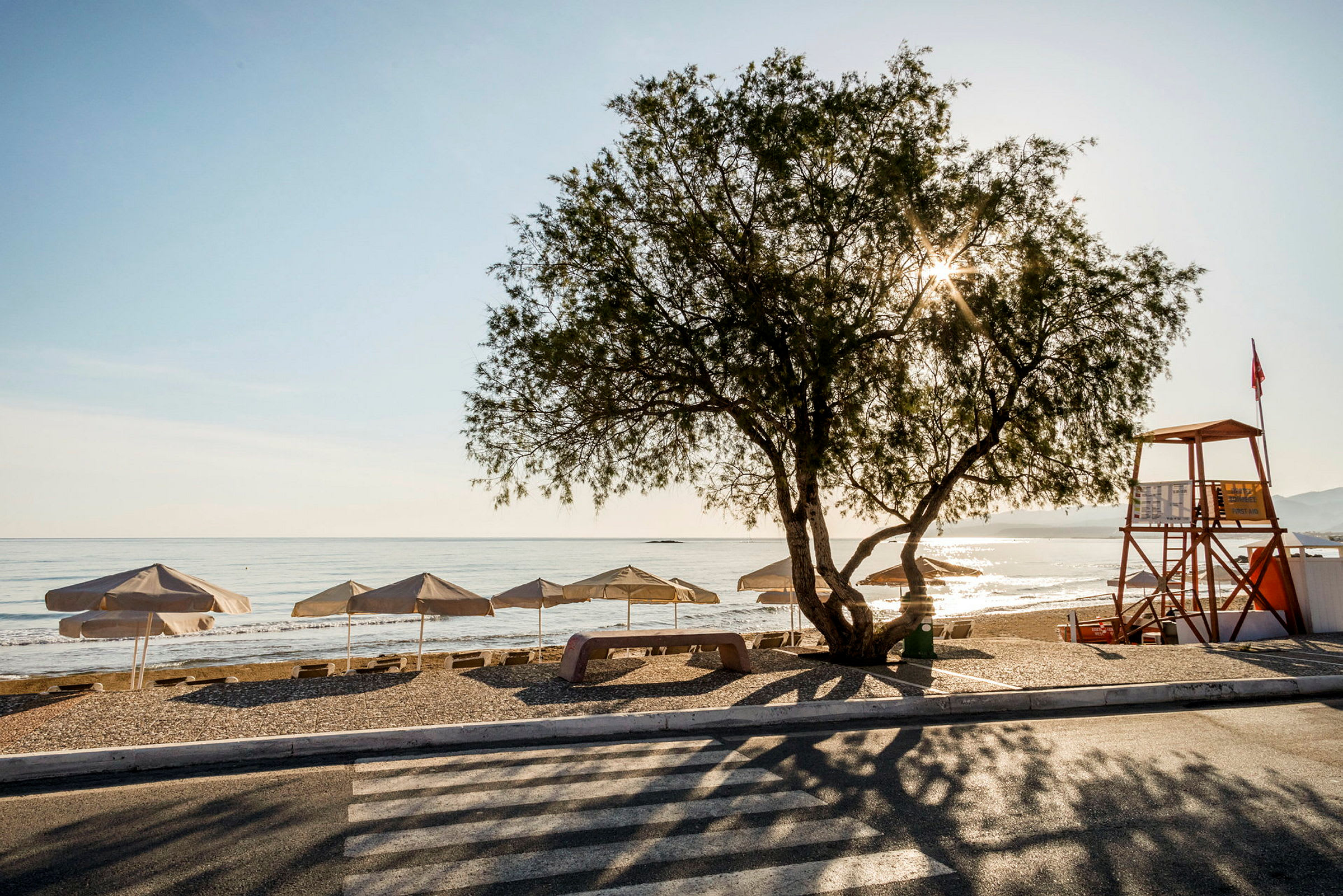 En strand med parasoller, bänkar och ett träd i förgrunden. En livräddningstorn syns till höger och havet är synligt i bakgrunden. (AI-genererad text)