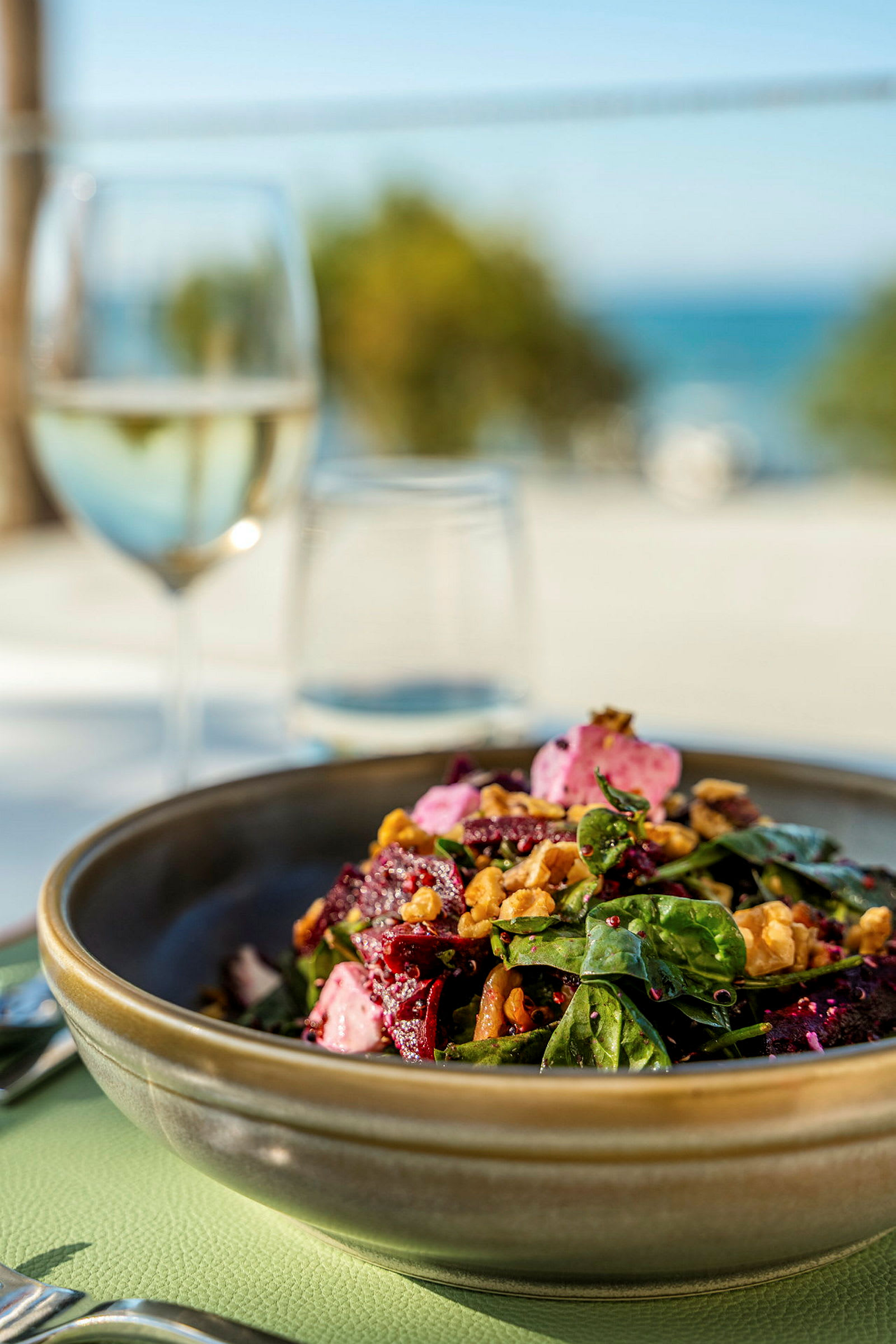 En skål med sallad innehållande bladgrönsaker, rödbetor, nötter och annan topping. I bakgrunden ses ett glas vin och utsikt mot havet. (AI-genererad text)