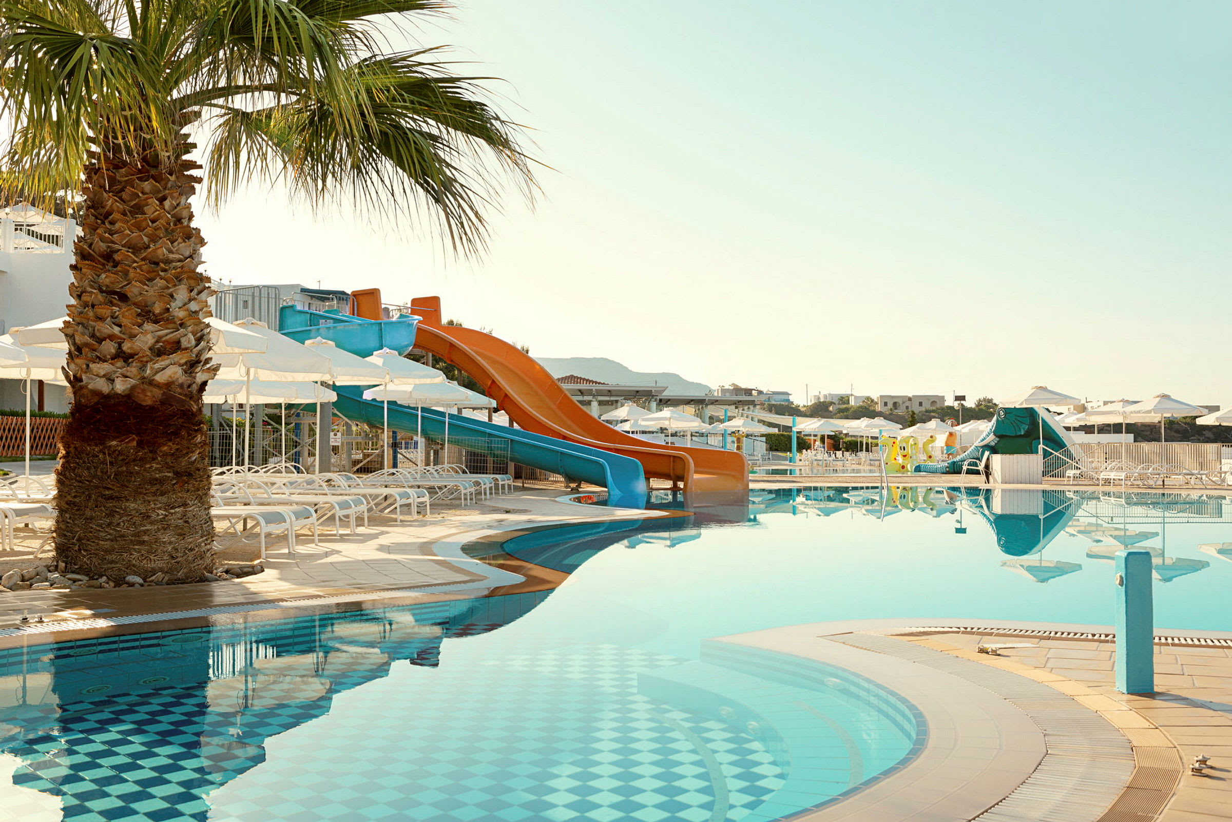 Bild av en pool med vattenrutschbanor och solstolar, samt en palm i förgrunden. (AI-genererad text)