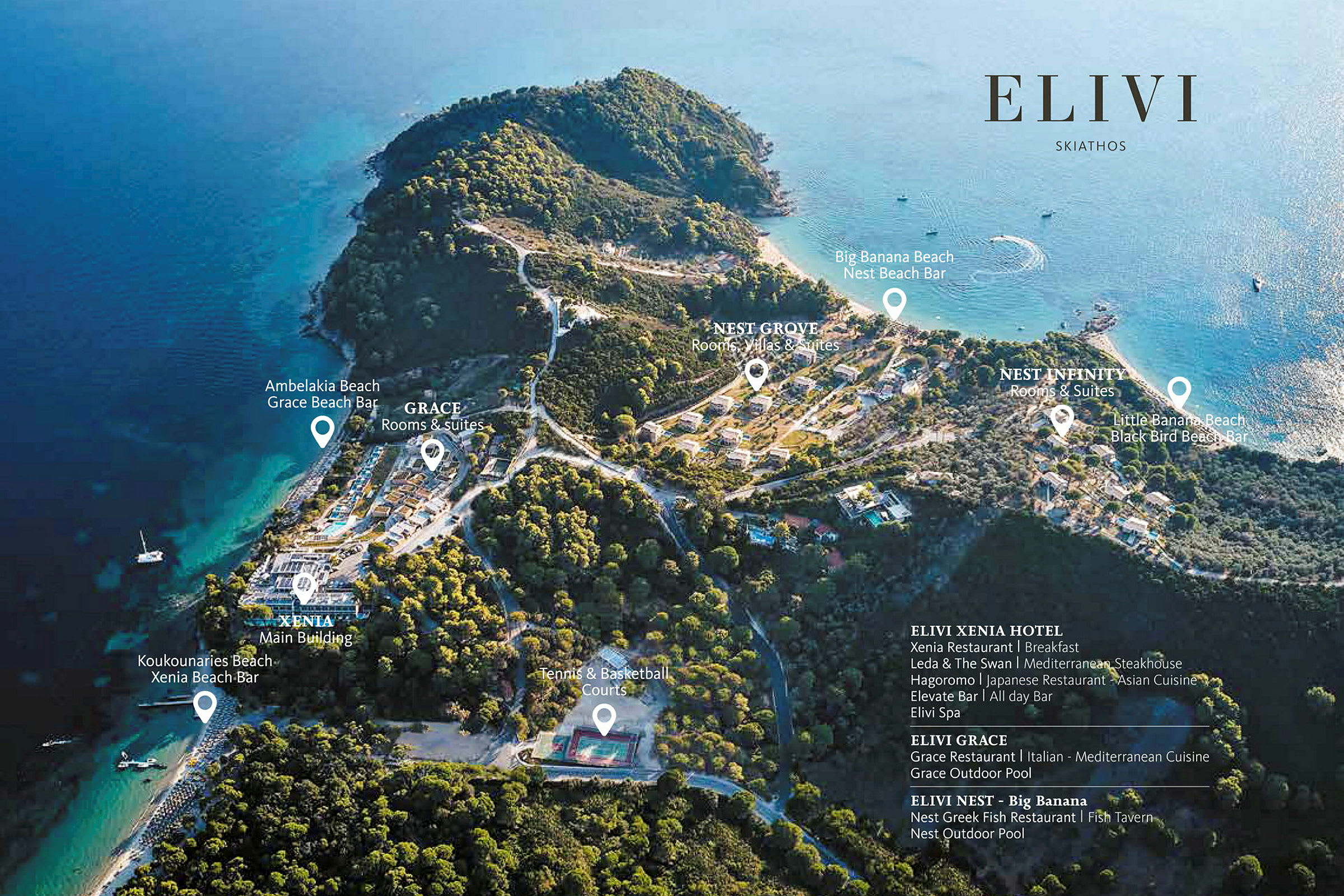 Flygbild av hotellområdet Elivi Skiathos med stränder och omgivande natur. (AI-genererad text)