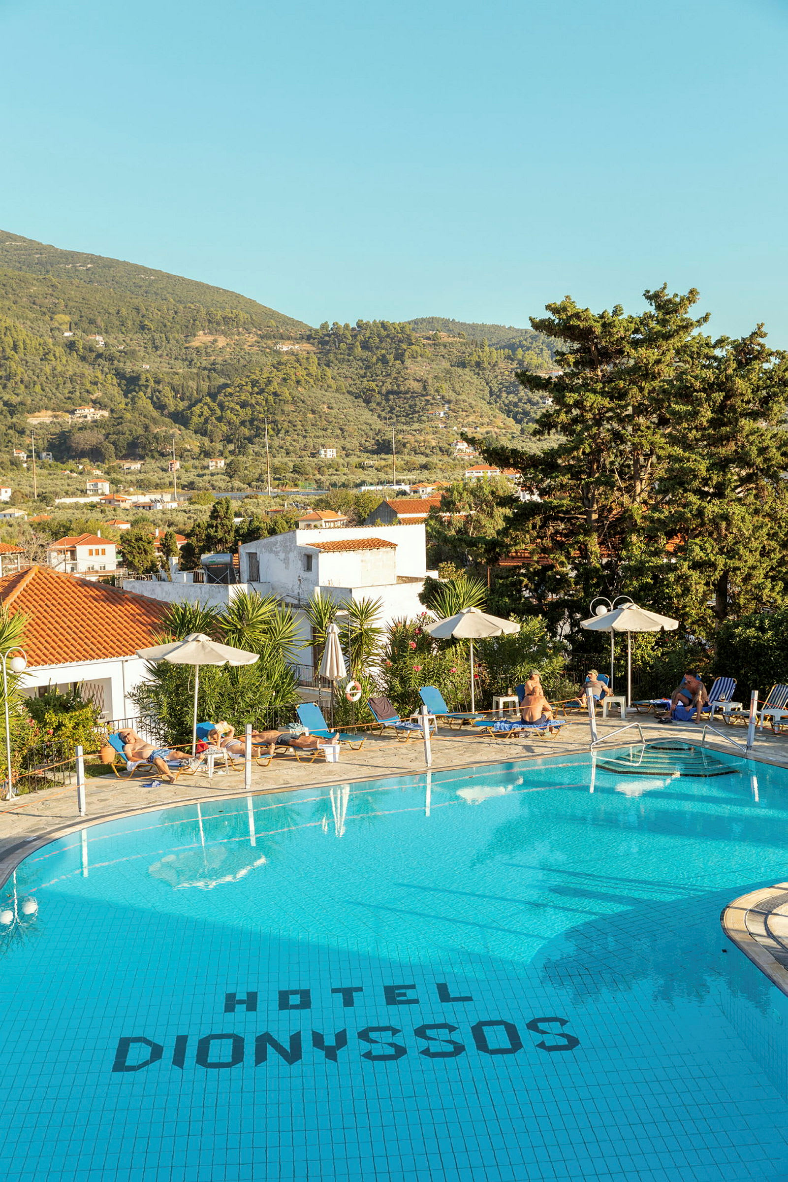 Bild av en pool vid Hotel Dionyssos med solstolar och parasoller runt omkring. I bakgrunden syns träd och en bergig landskap. (AI-genererad text)
