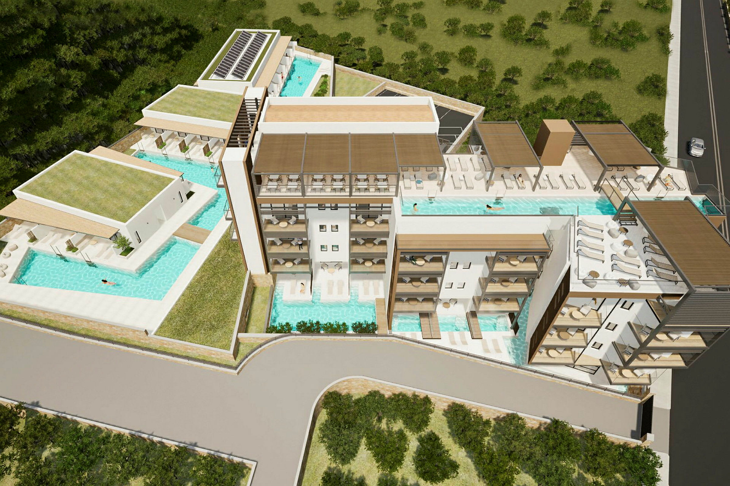 Hotel med flera våningsplan och poolområden, omgärdat av grönska. (AI-genererad text)