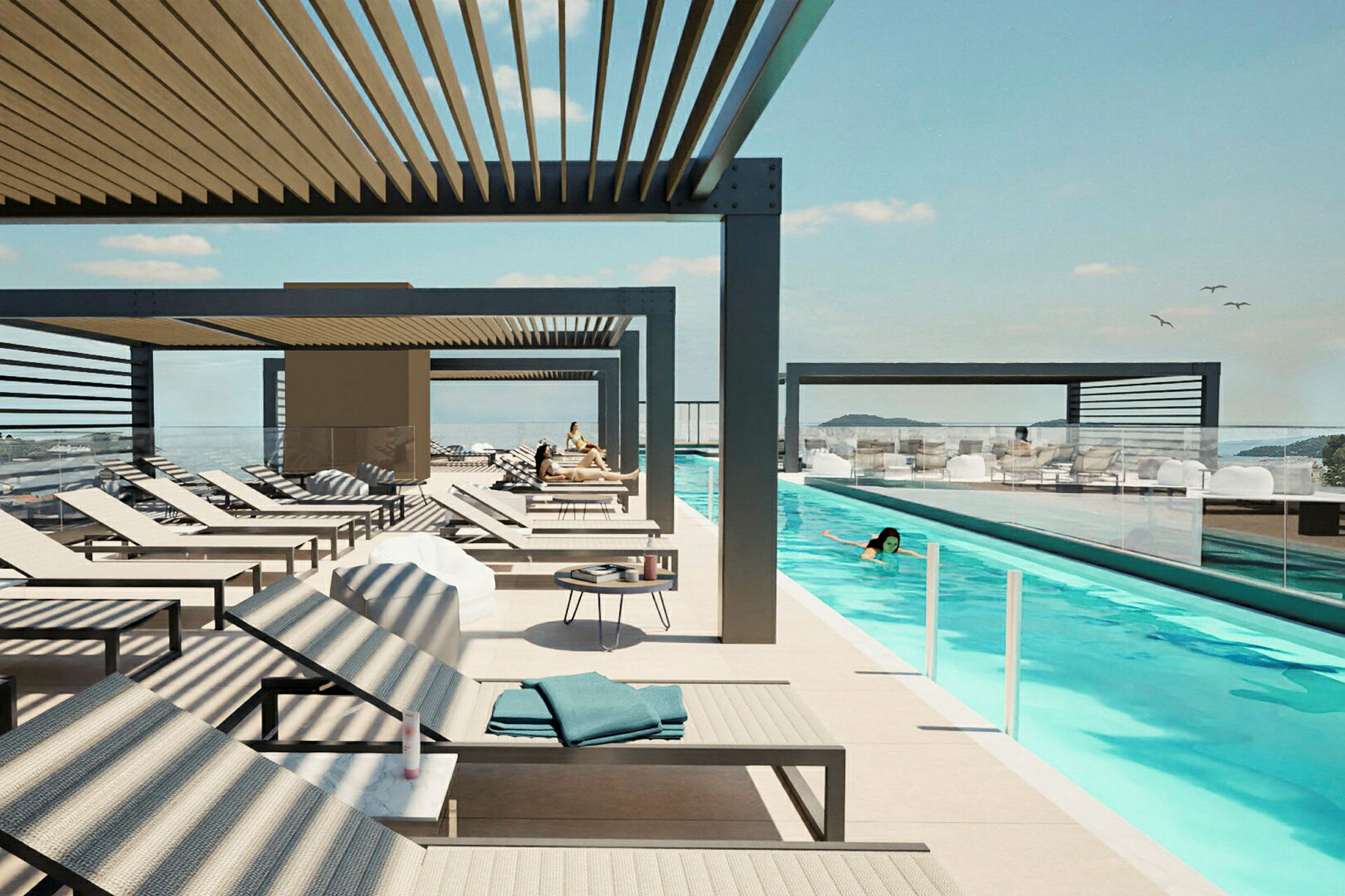 En takterrass med en lång pool och solstolar under skuggande pergolier. (AI-genererad text)
