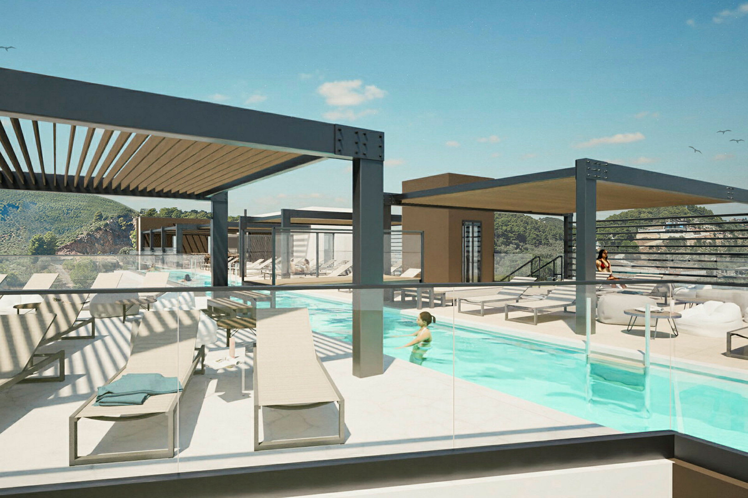 Poolområde med solsängar under pergola, berg i bakgrunden. (AI-genererad text)