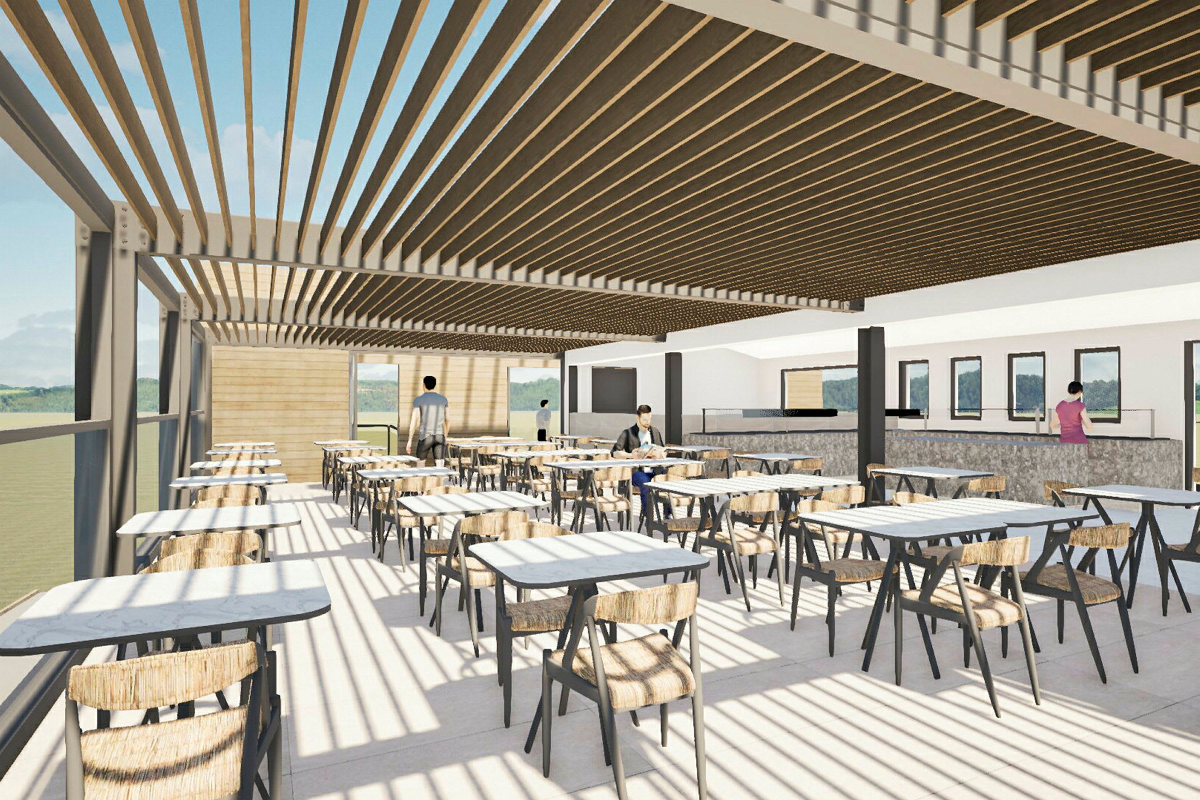 Bildet föreställer en modern inomhusrestaurang med stora fönster, bord och stolar samt personer som rör sig i olika delar av lokalen. (AI-genererad text)