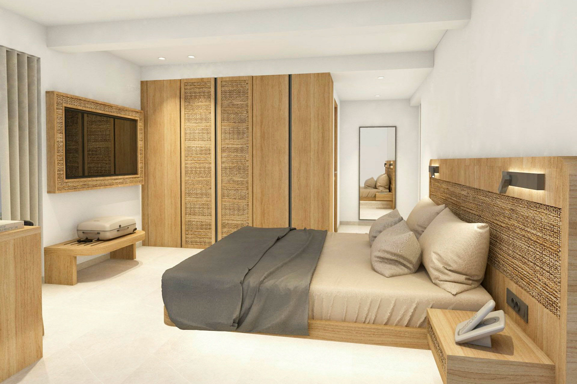 En hotelldesign med en modern säng, trädetaljer och minimalistiska möbler. (AI-genererad text)