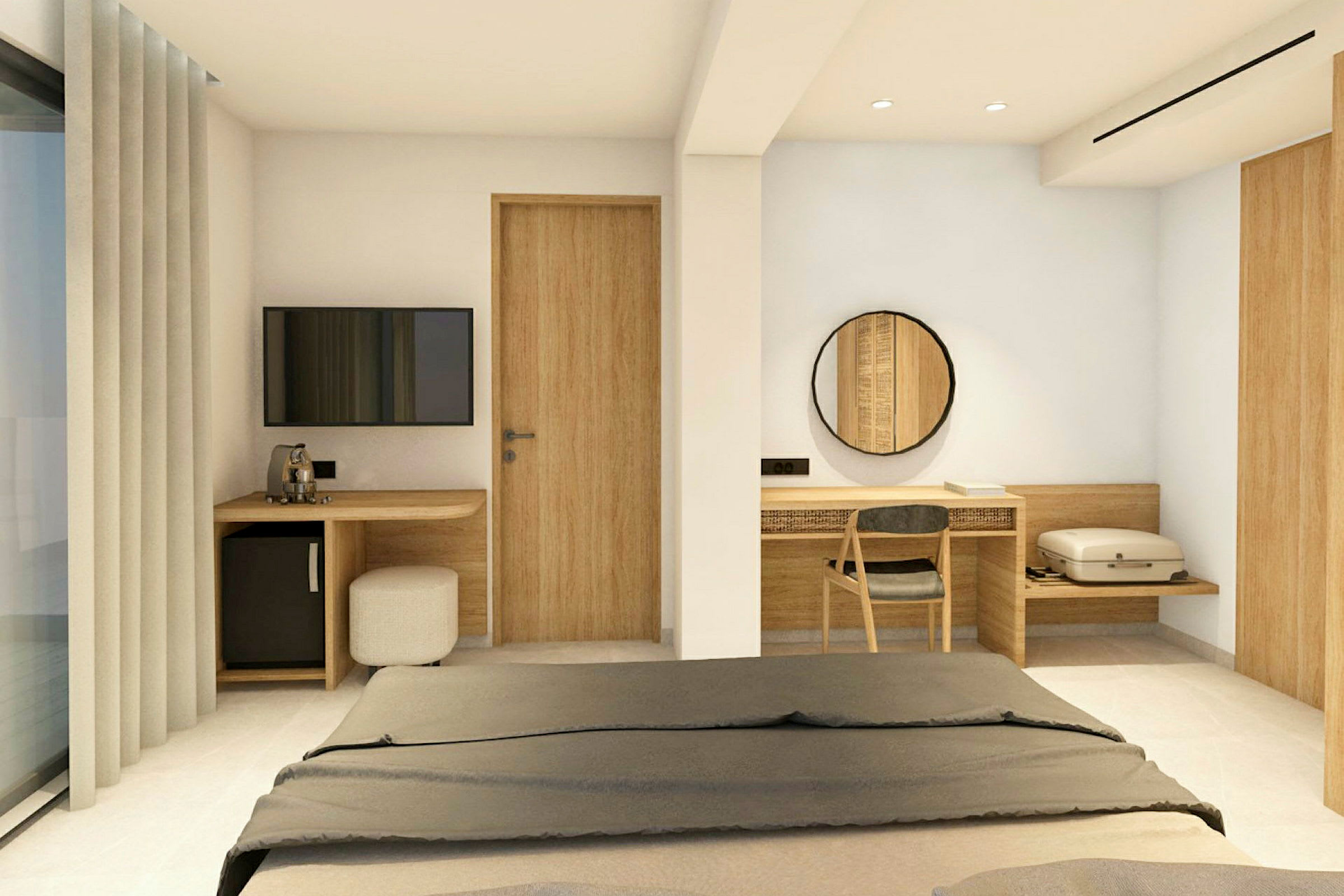 En hotellrum med modern inredning inklusive en säng, skrivbord, cirkelformad spegel och en väggmonterad TV. (AI-genererad text)